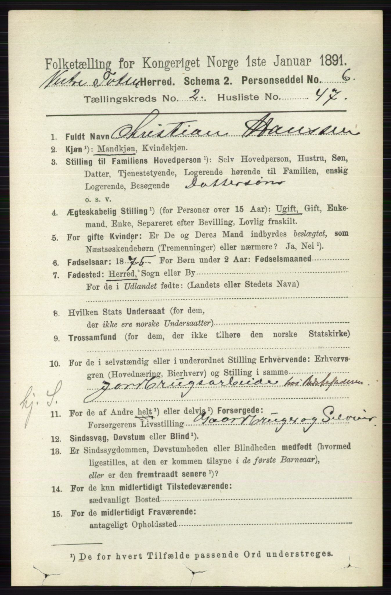 RA, 1891 census for 0529 Vestre Toten, 1891, p. 1705