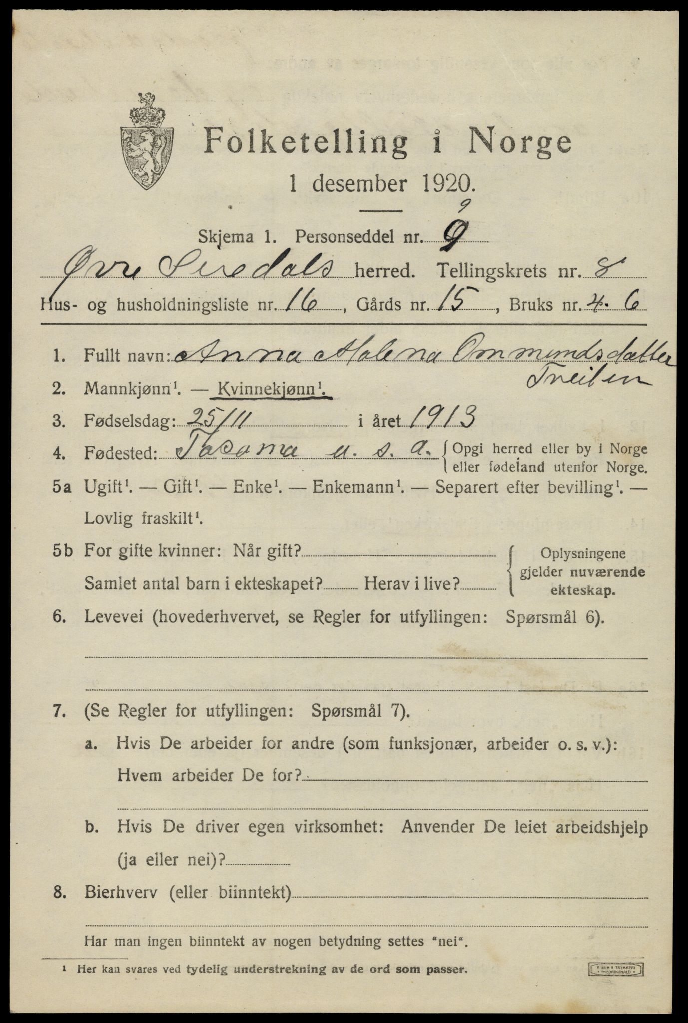 SAK, 1920 census for Øvre Sirdal, 1920, p. 1485