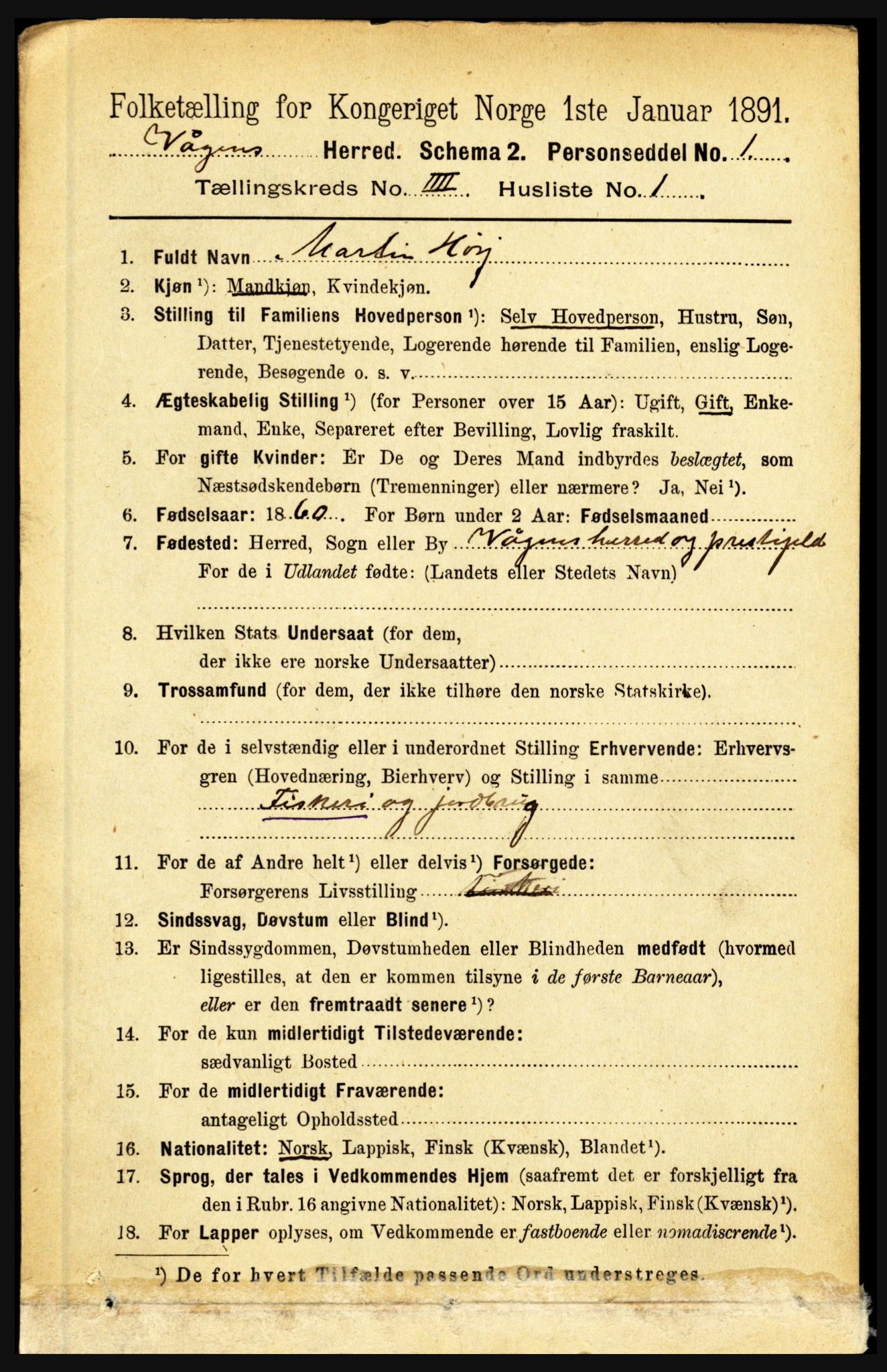 RA, 1891 census for 1865 Vågan, 1891, p. 937