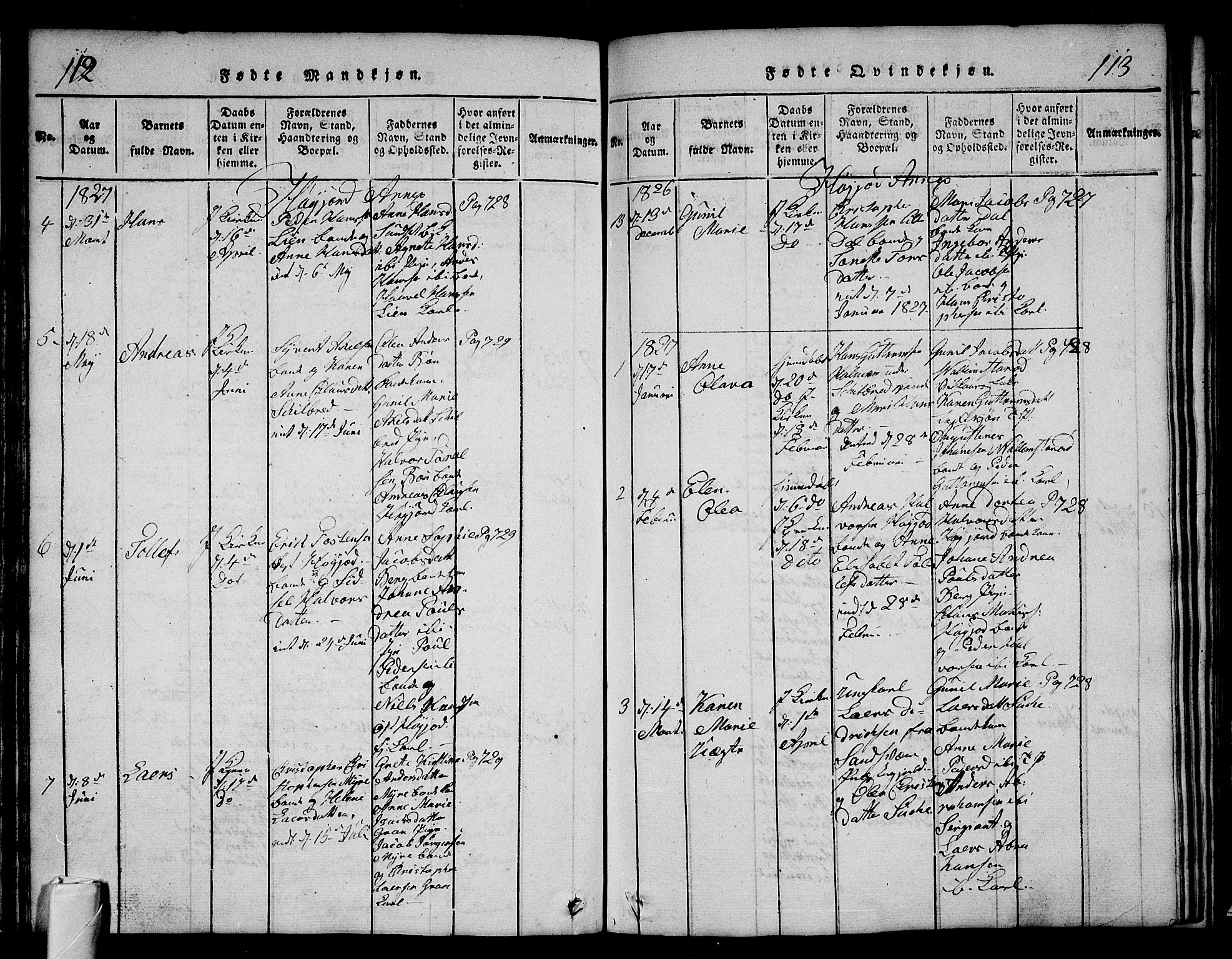 Andebu kirkebøker, SAKO/A-336/G/Ga/L0002: Parish register (copy) no. I 2 /2, 1823-1832, p. 112-113