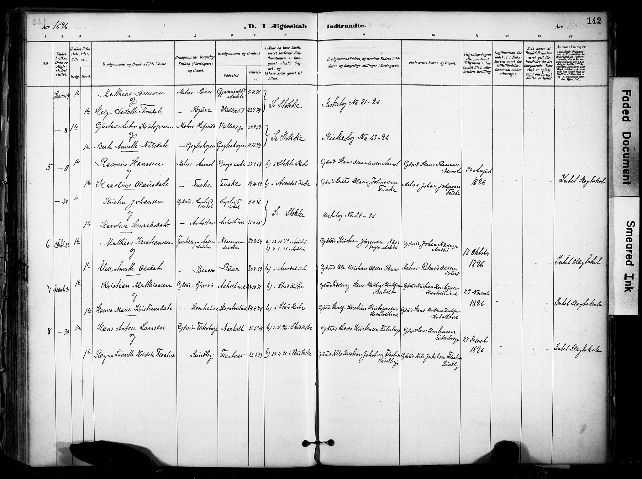 Stokke kirkebøker, AV/SAKO-A-320/F/Fb/L0001: Parish register (official) no. II 1, 1884-1910, p. 142