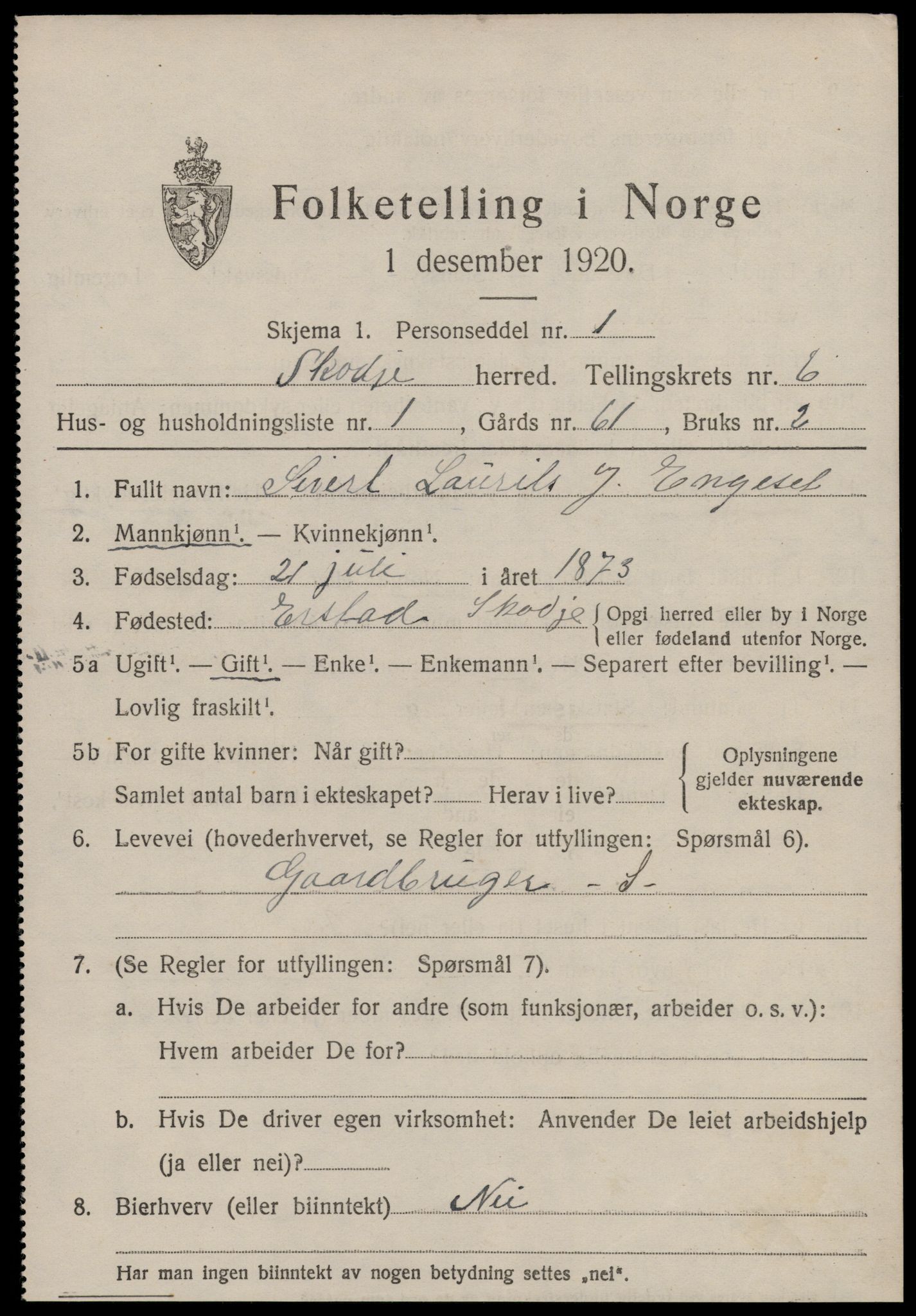 SAT, 1920 census for Skodje, 1920, p. 2619