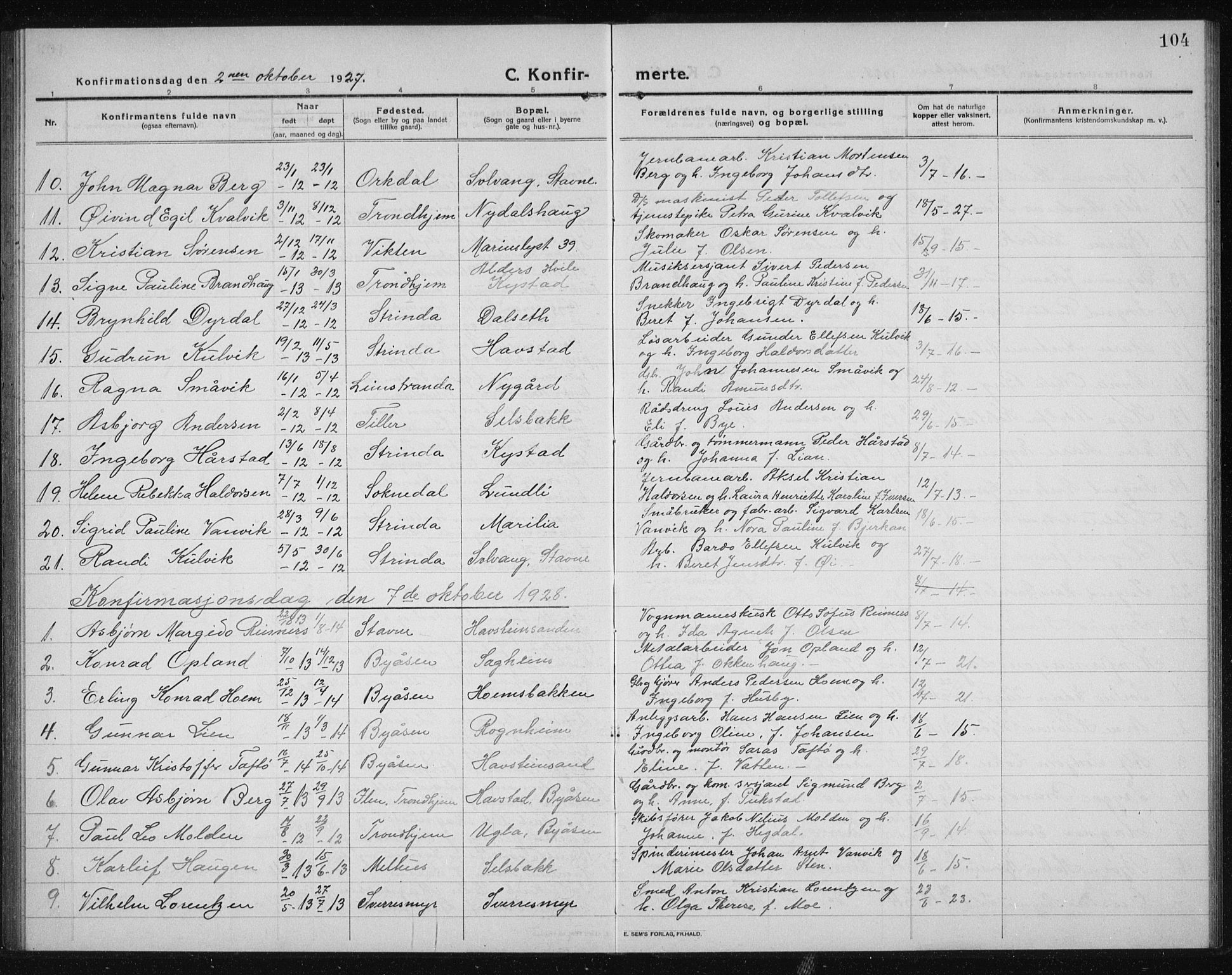 Ministerialprotokoller, klokkerbøker og fødselsregistre - Sør-Trøndelag, SAT/A-1456/611/L0356: Parish register (copy) no. 611C04, 1914-1938, p. 104