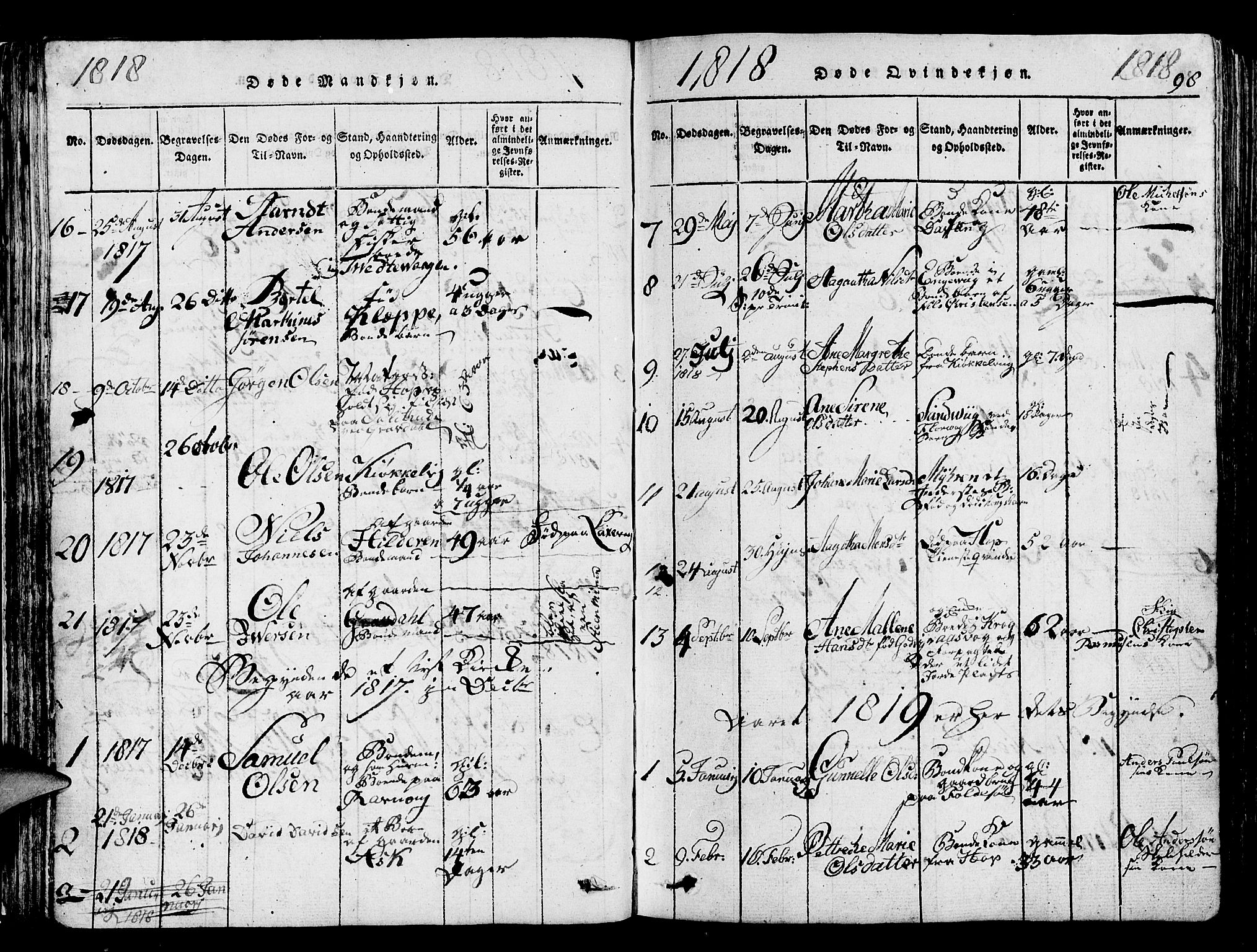 Askøy Sokneprestembete, SAB/A-74101/H/Ha/Hab/Haba/L0002: Parish register (copy) no. A 2, 1815-1846, p. 98