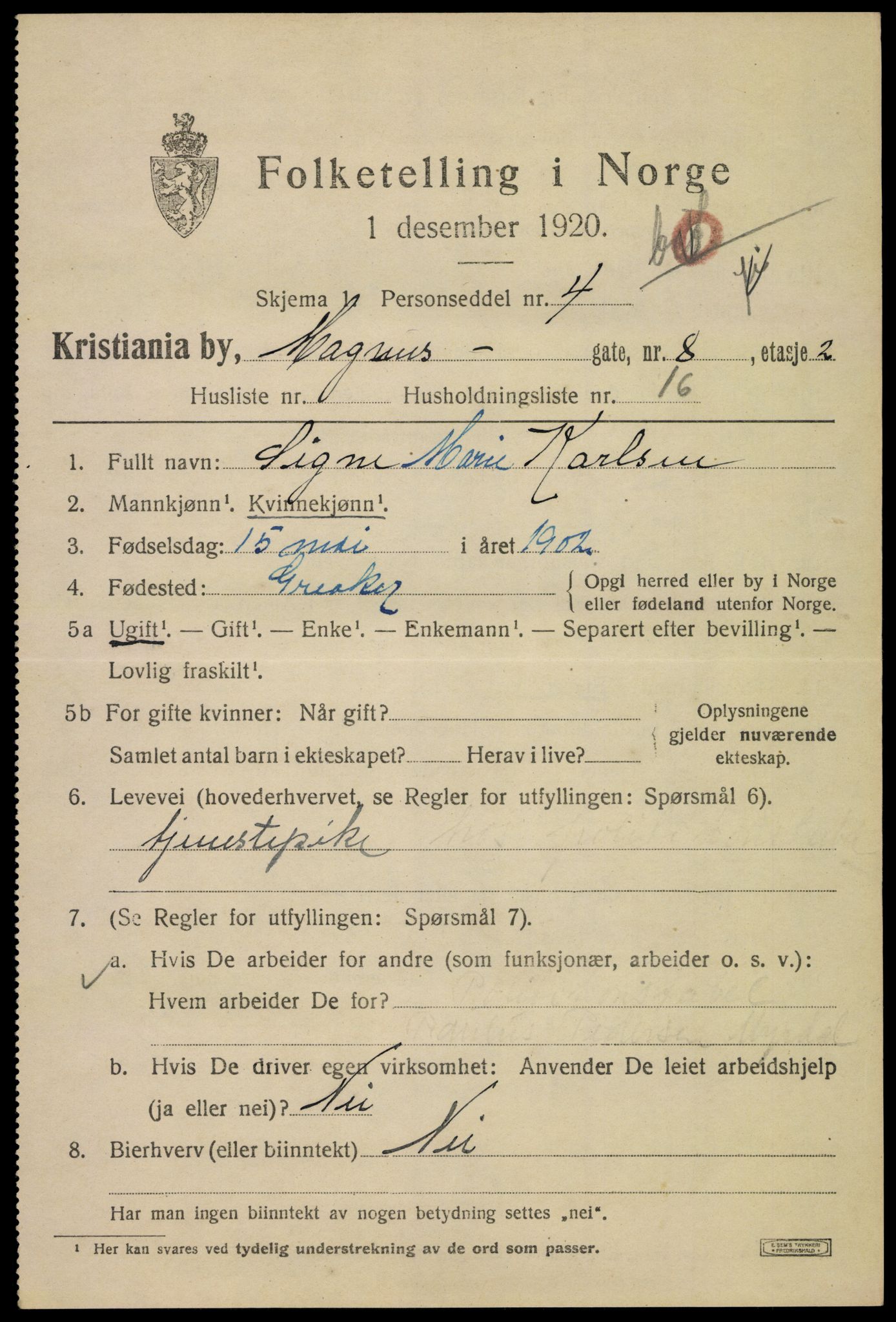 SAO, 1920 census for Kristiania, 1920, p. 371399