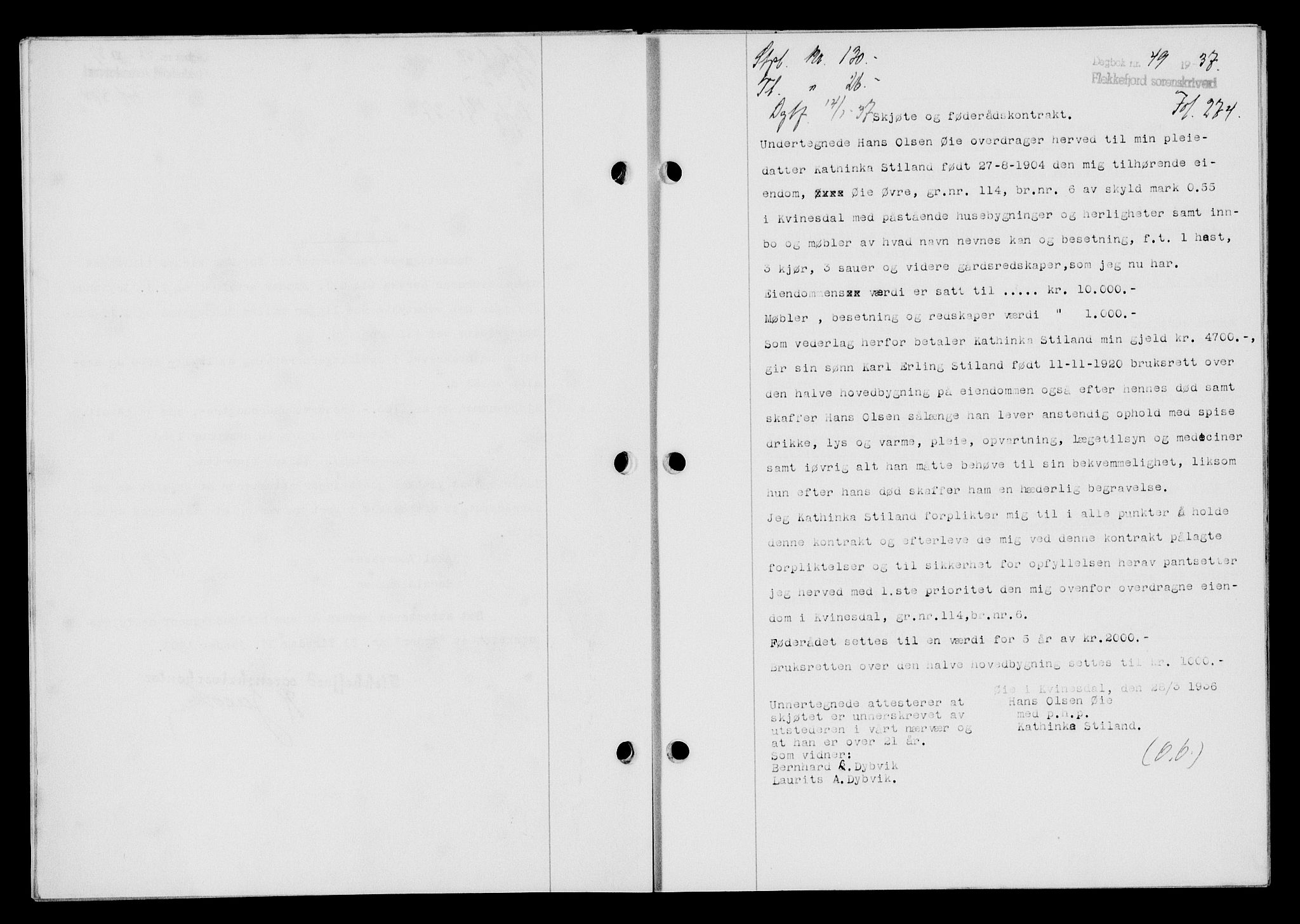 Flekkefjord sorenskriveri, SAK/1221-0001/G/Gb/Gba/L0053: Mortgage book no. A-1, 1936-1937, Diary no: : 49/1937