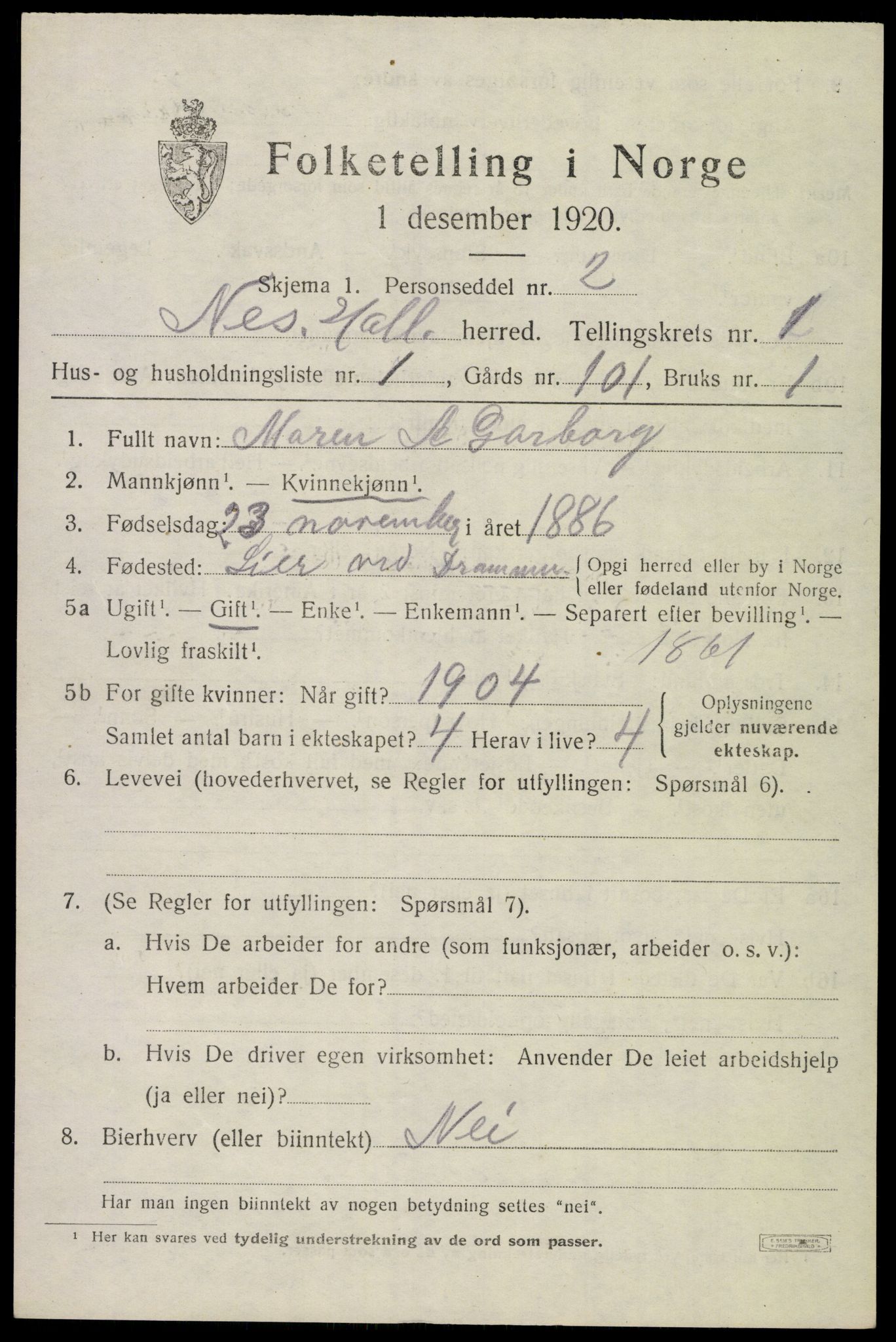 SAKO, 1920 census for Nes (Buskerud), 1920, p. 1018