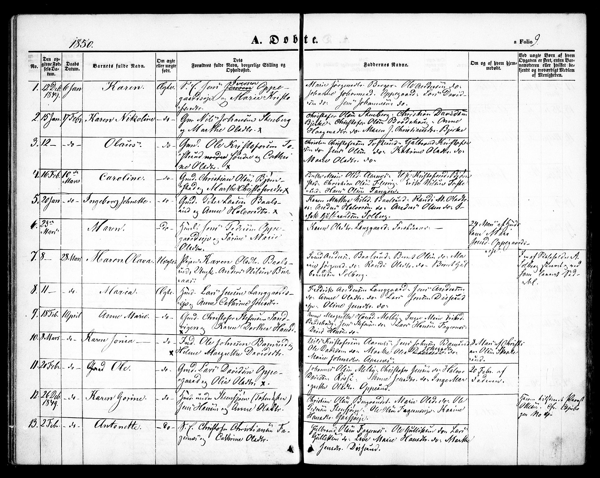 Hurdal prestekontor Kirkebøker, SAO/A-10889/F/Fb/L0001: Parish register (official) no. II 1, 1846-1859, p. 9
