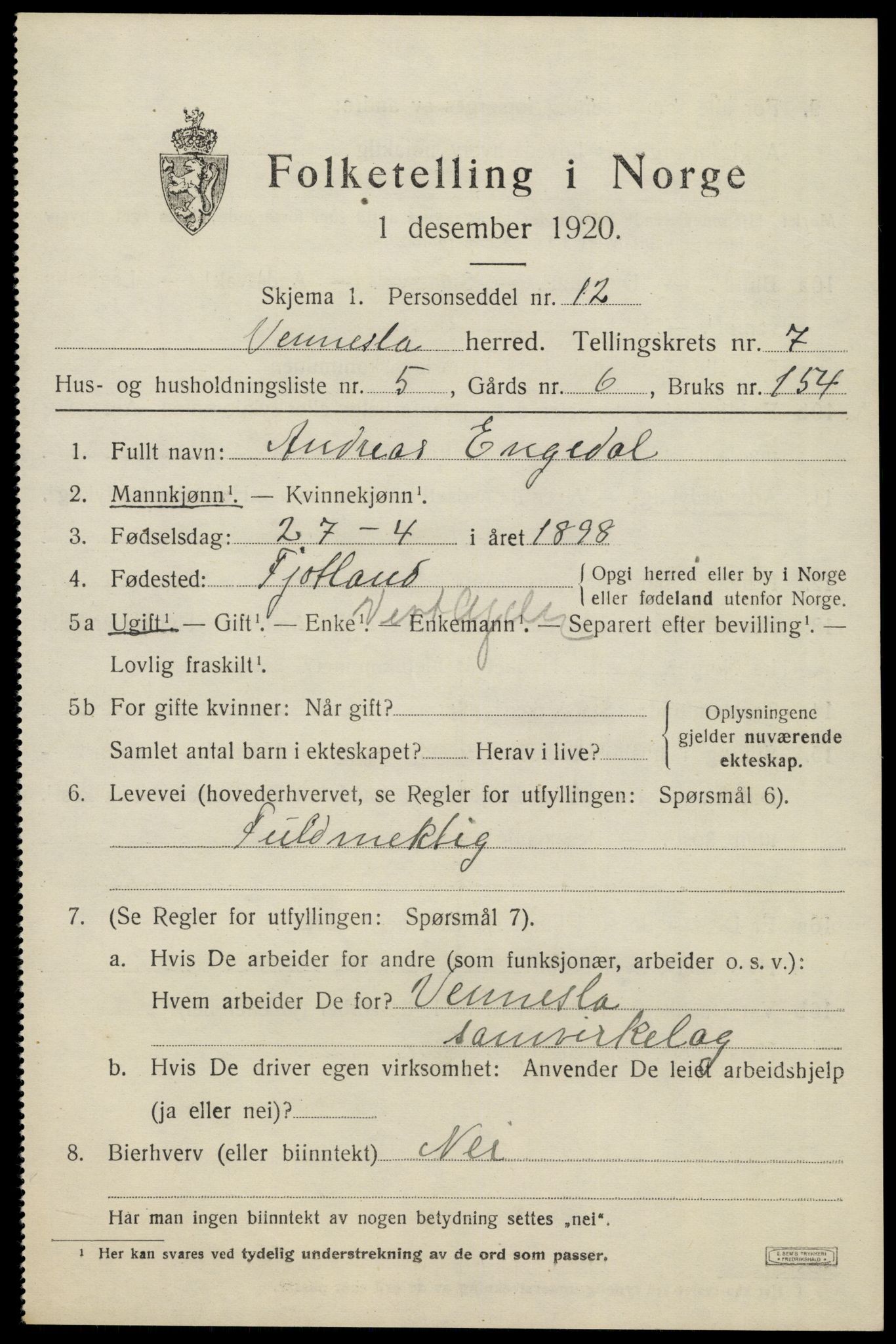 SAK, 1920 census for Vennesla, 1920, p. 4818