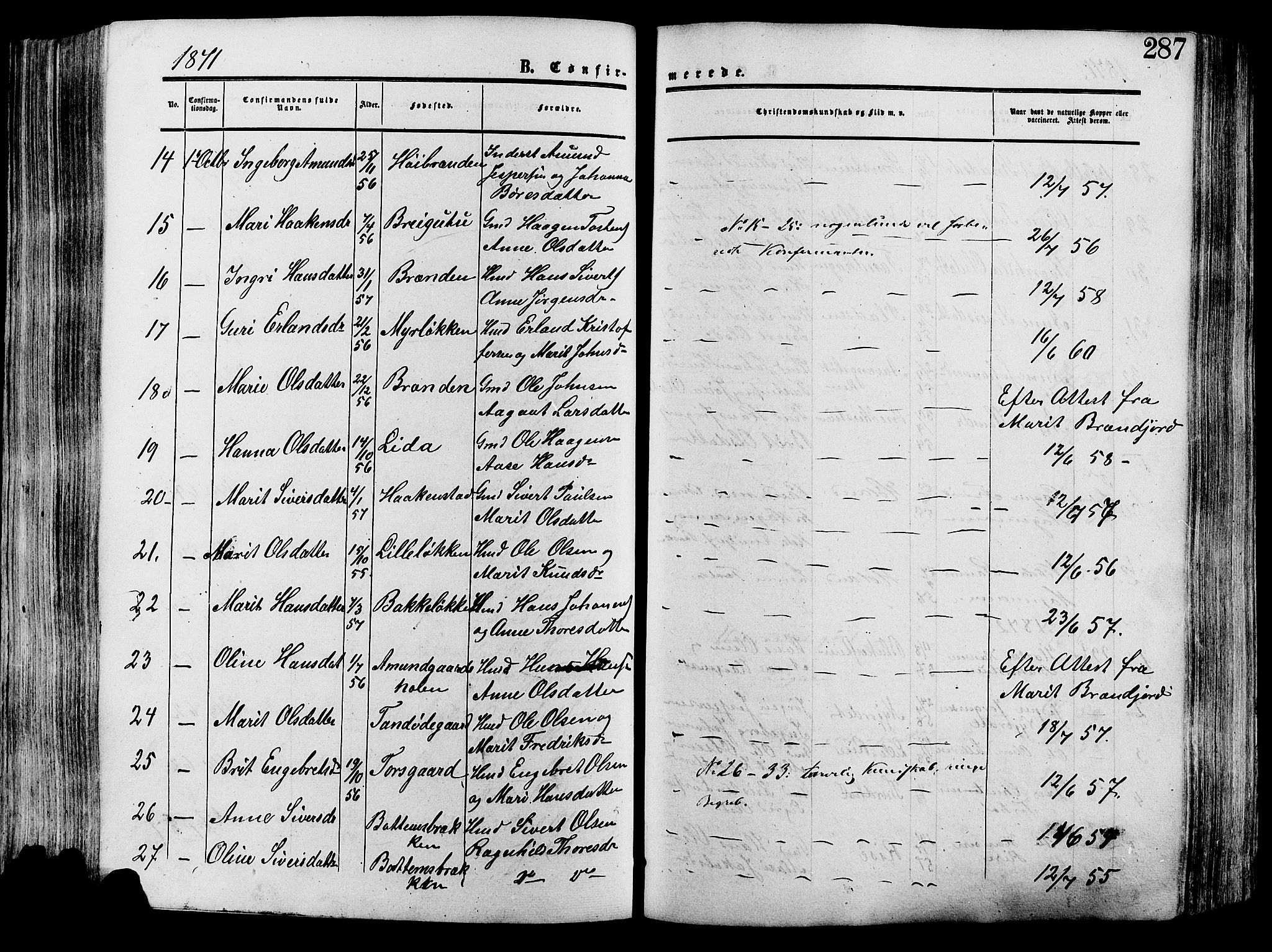 Lesja prestekontor, SAH/PREST-068/H/Ha/Haa/L0008: Parish register (official) no. 8, 1854-1880, p. 287