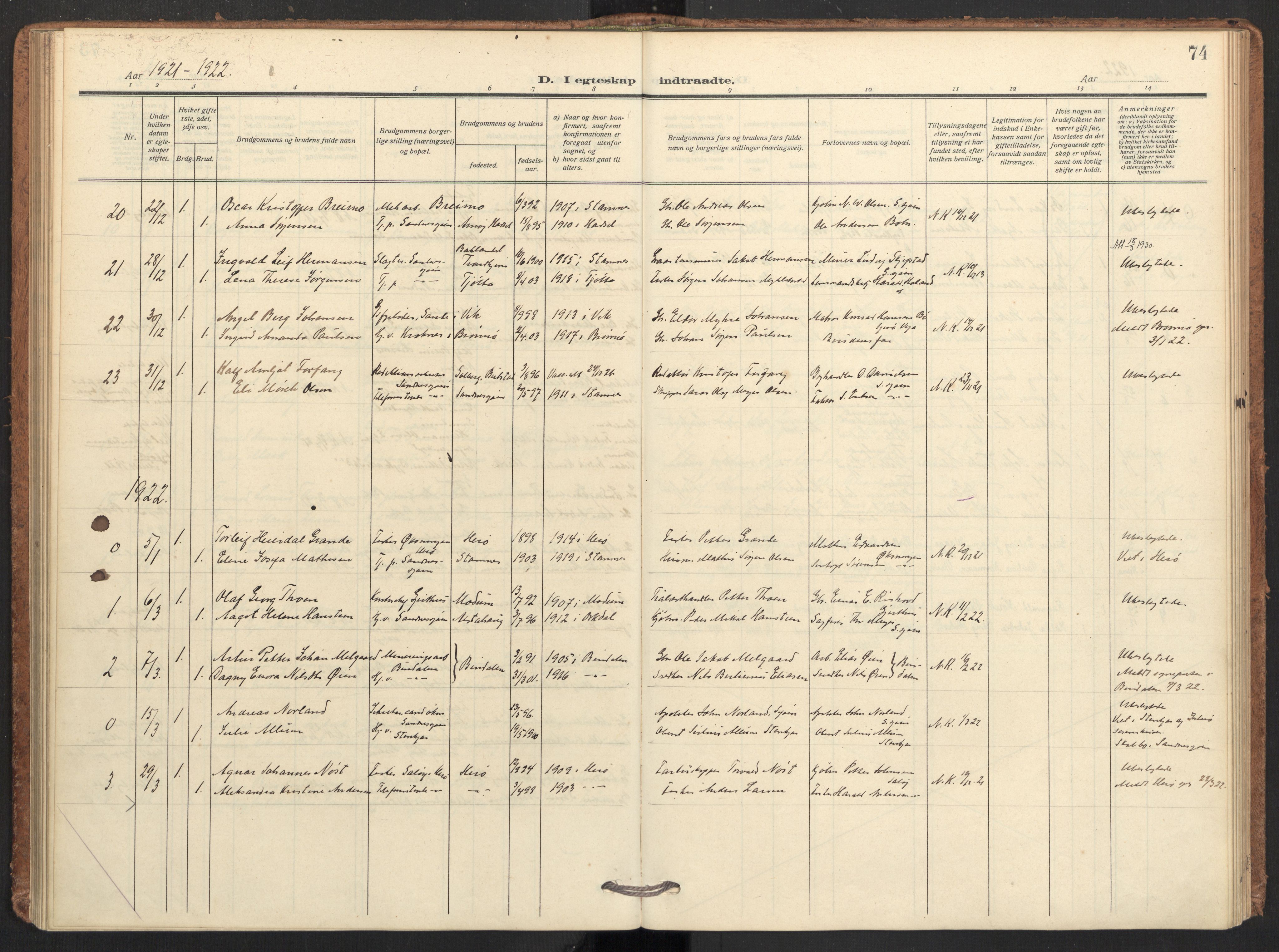 Ministerialprotokoller, klokkerbøker og fødselsregistre - Nordland, AV/SAT-A-1459/831/L0473: Parish register (official) no. 831A04, 1909-1934, p. 74