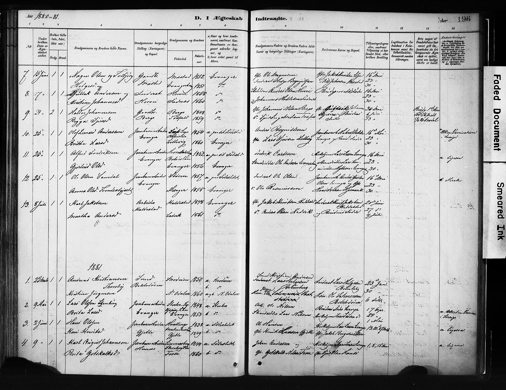 Evanger sokneprestembete, SAB/A-99924: Parish register (official) no. A 1, 1877-1899, p. 196