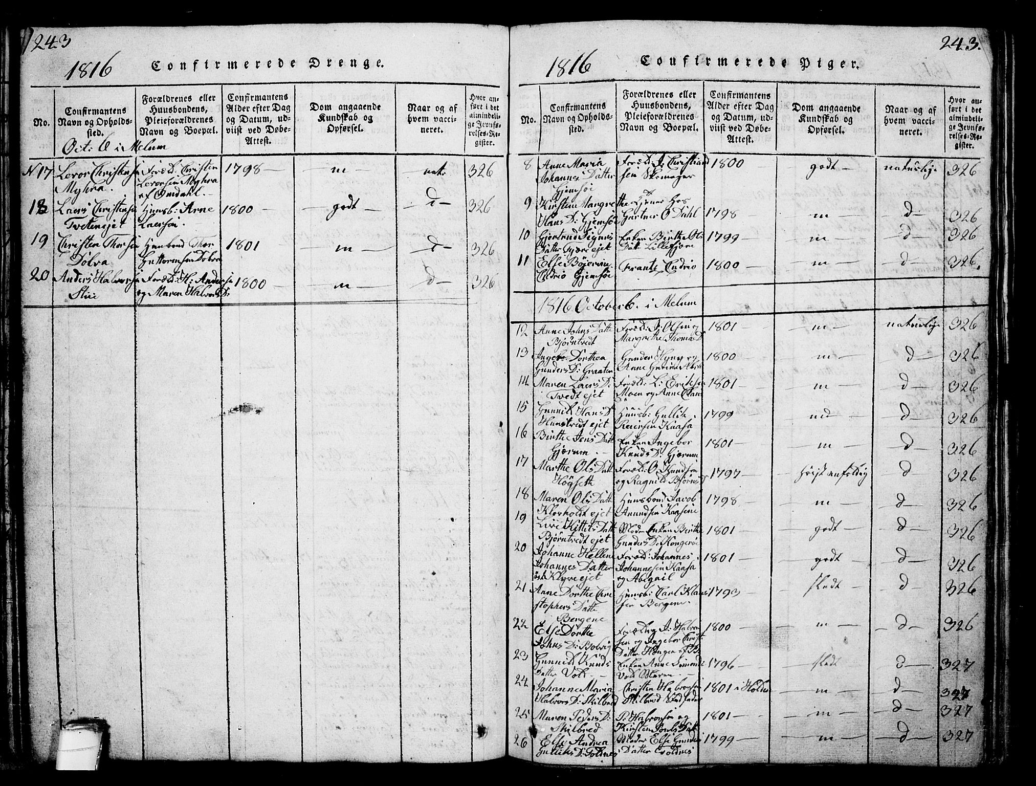 Solum kirkebøker, AV/SAKO-A-306/G/Ga/L0001: Parish register (copy) no. I 1, 1814-1833, p. 243