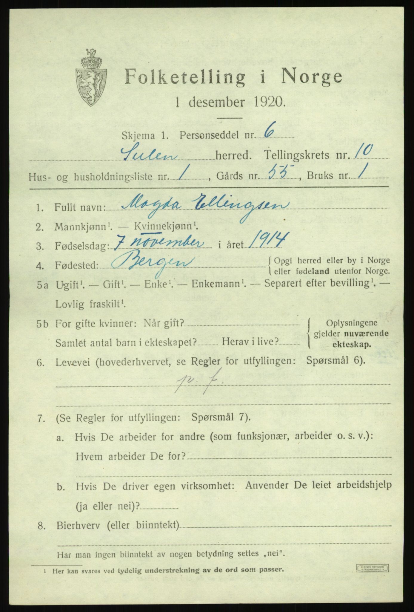 SAB, 1920 census for Solund, 1920, p. 3416