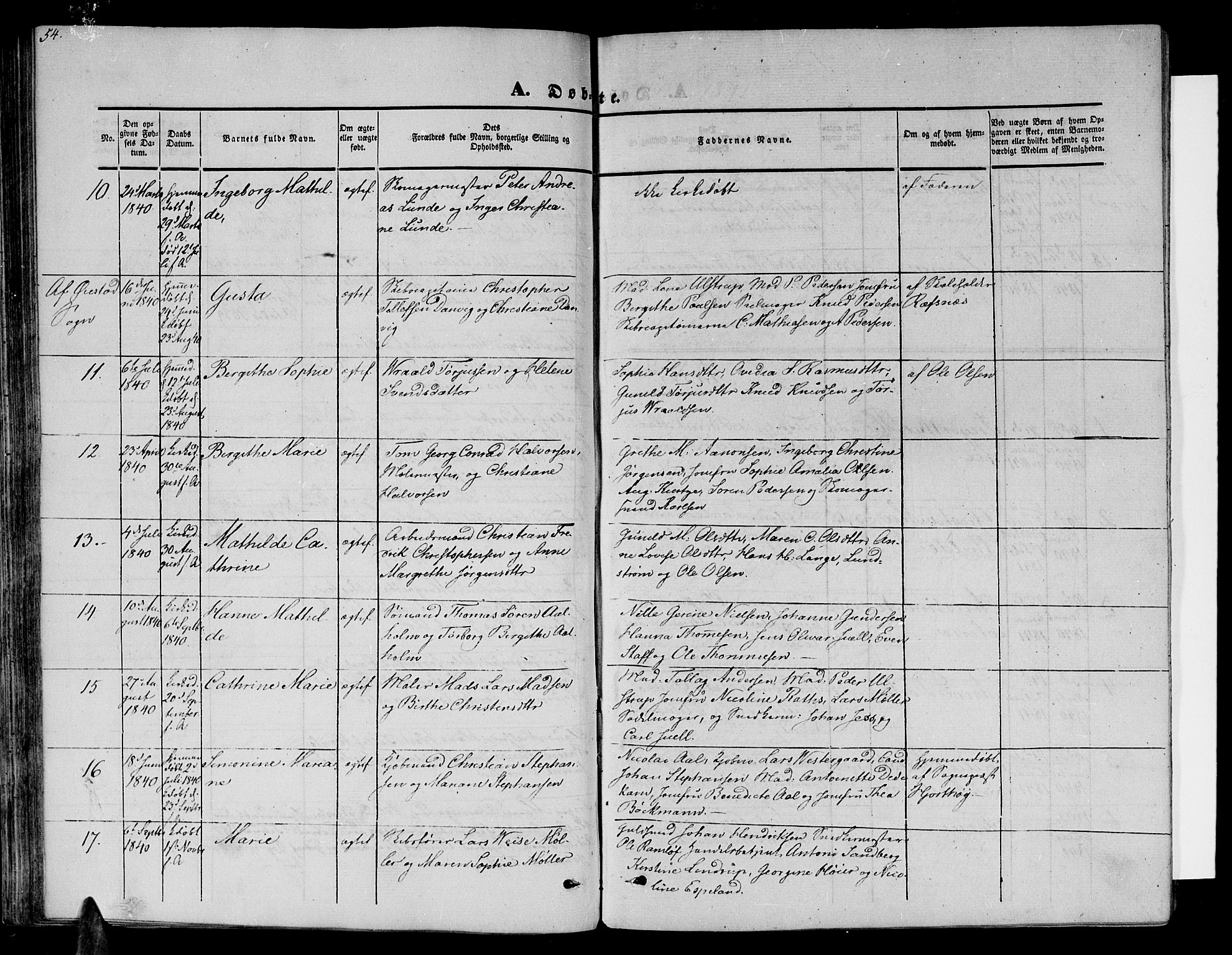 Arendal sokneprestkontor, Trefoldighet, AV/SAK-1111-0040/F/Fb/L0002: Parish register (copy) no. B 2, 1838-1860, p. 54