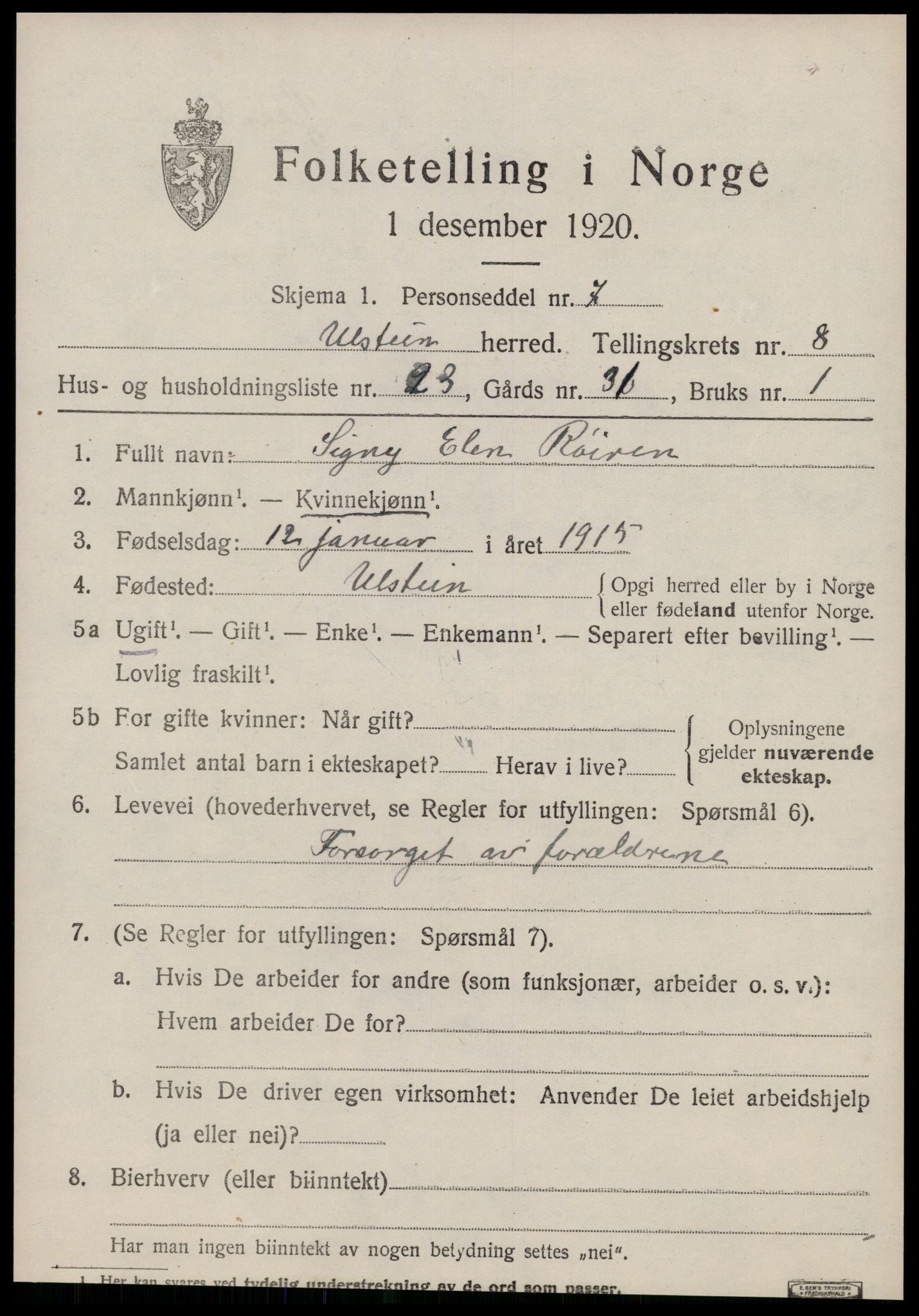 SAT, 1920 census for Ulstein, 1920, p. 4964