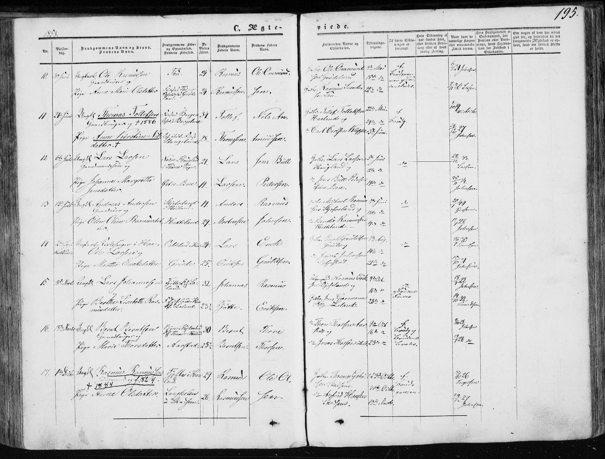 Klepp sokneprestkontor, SAST/A-101803/001/3/30BA/L0005: Parish register (official) no. A 5, 1853-1870, p. 195