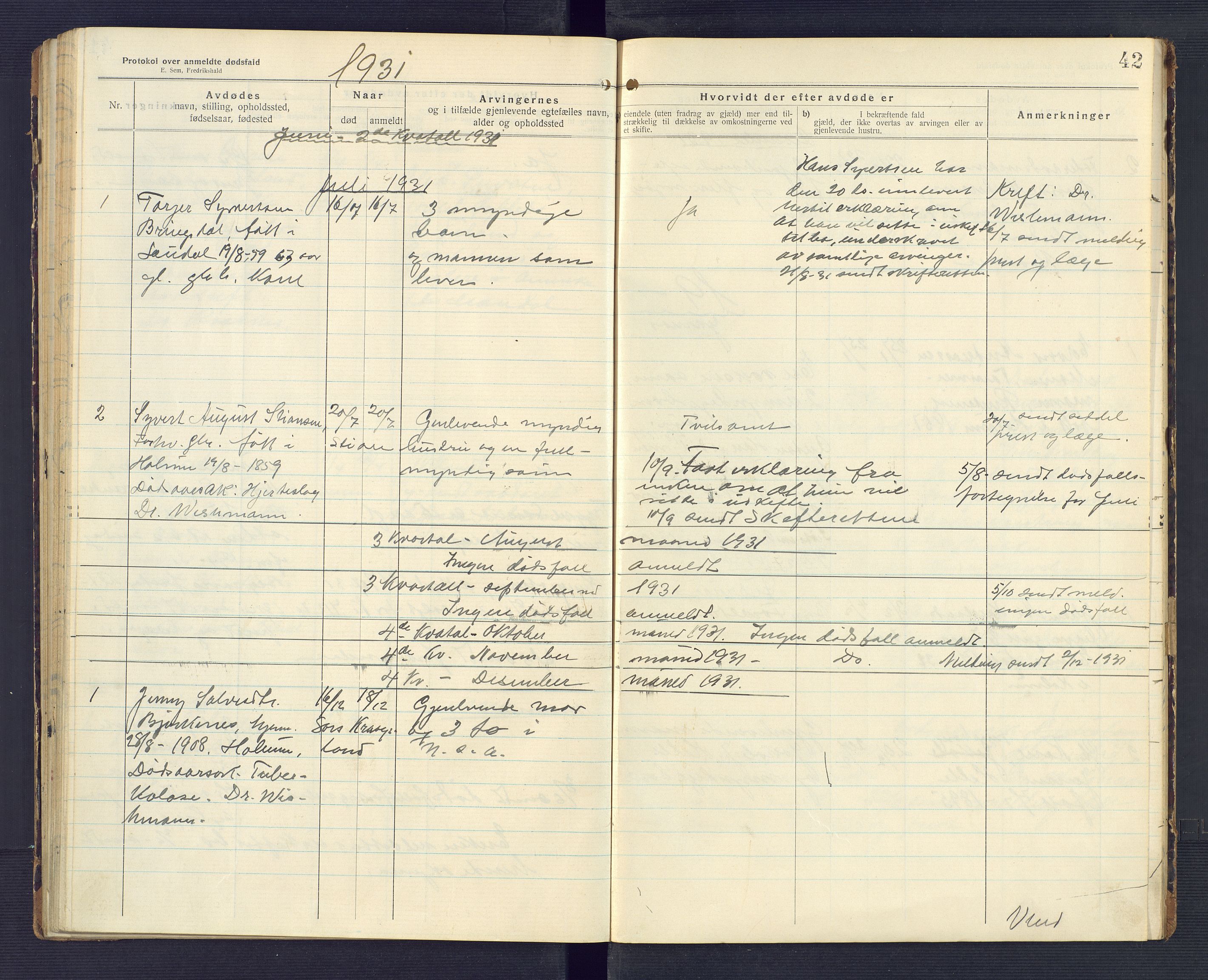 Holum lensmannskontor, SAK/1241-0022/F/Fe/L0002: Anmeldte dødsfall nr 22, 1922-1932, p. 42