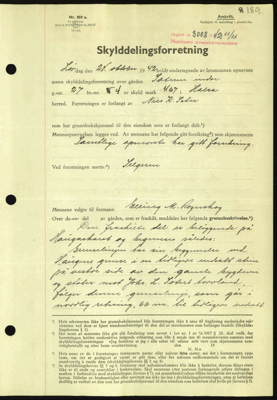 Nordmøre sorenskriveri, AV/SAT-A-4132/1/2/2Ca: Mortgage book no. A94, 1942-1943, Diary no: : 3008/1942