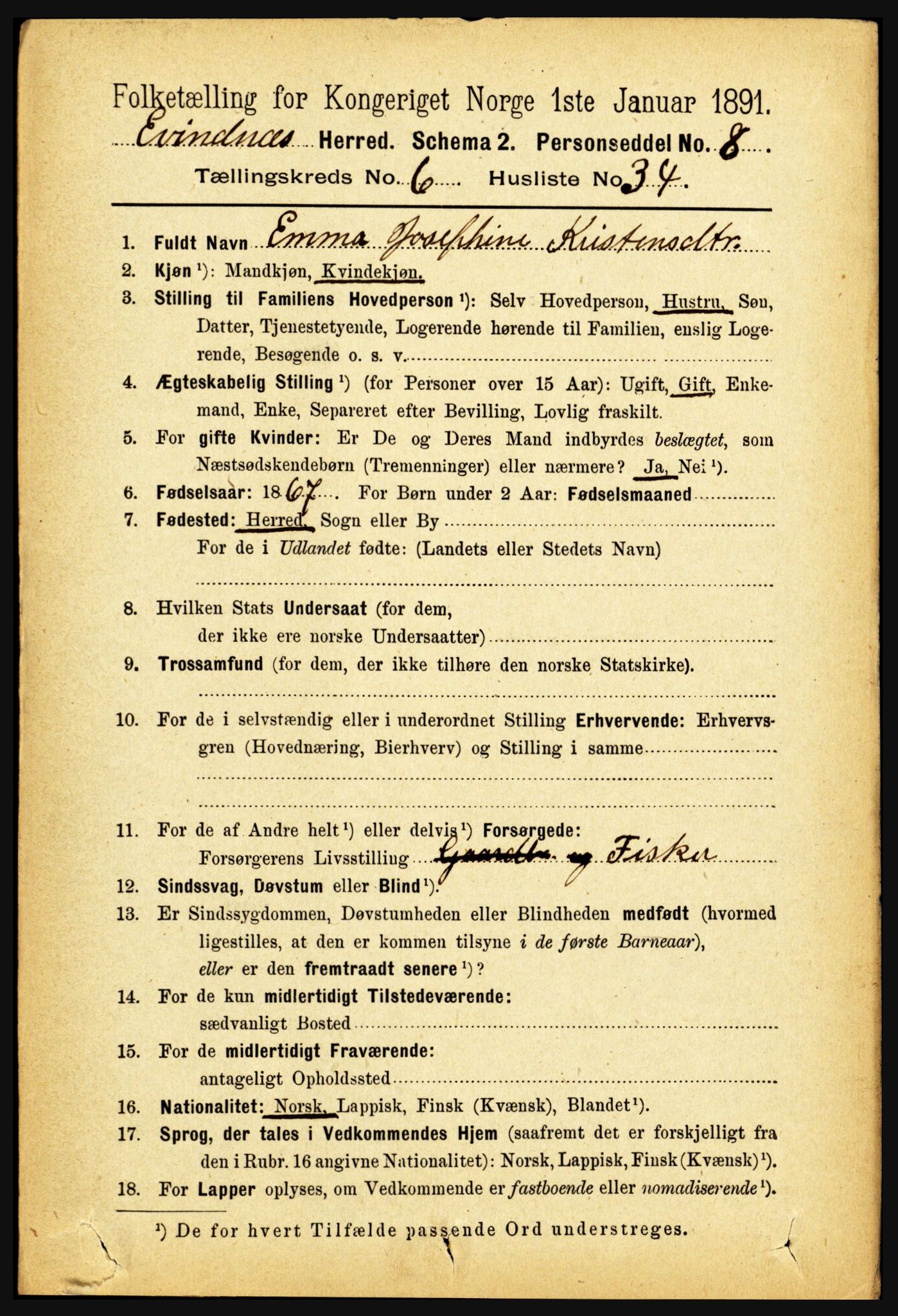 RA, 1891 census for 1853 Evenes, 1891, p. 2118