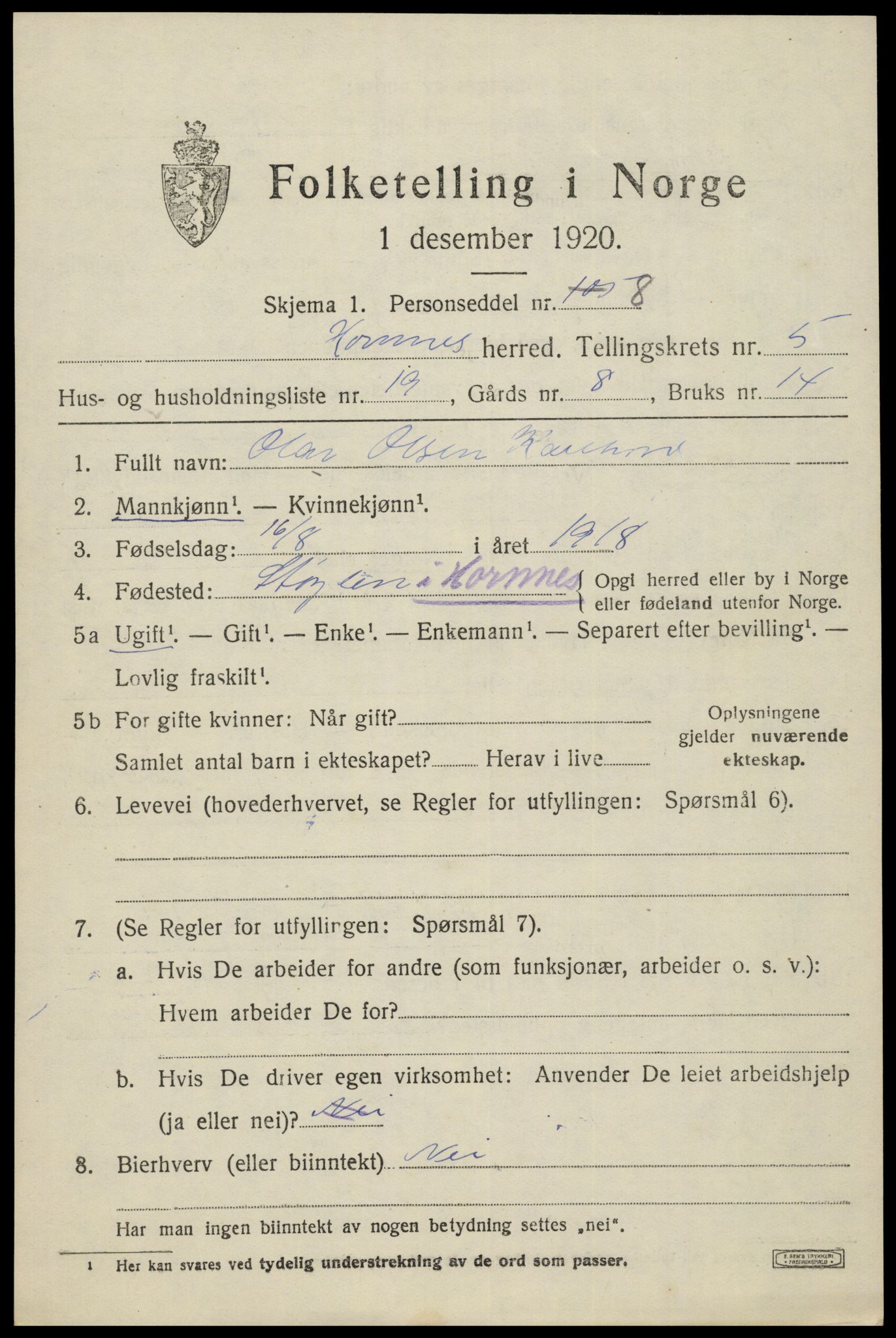 SAK, 1920 census for Hornnes, 1920, p. 1543