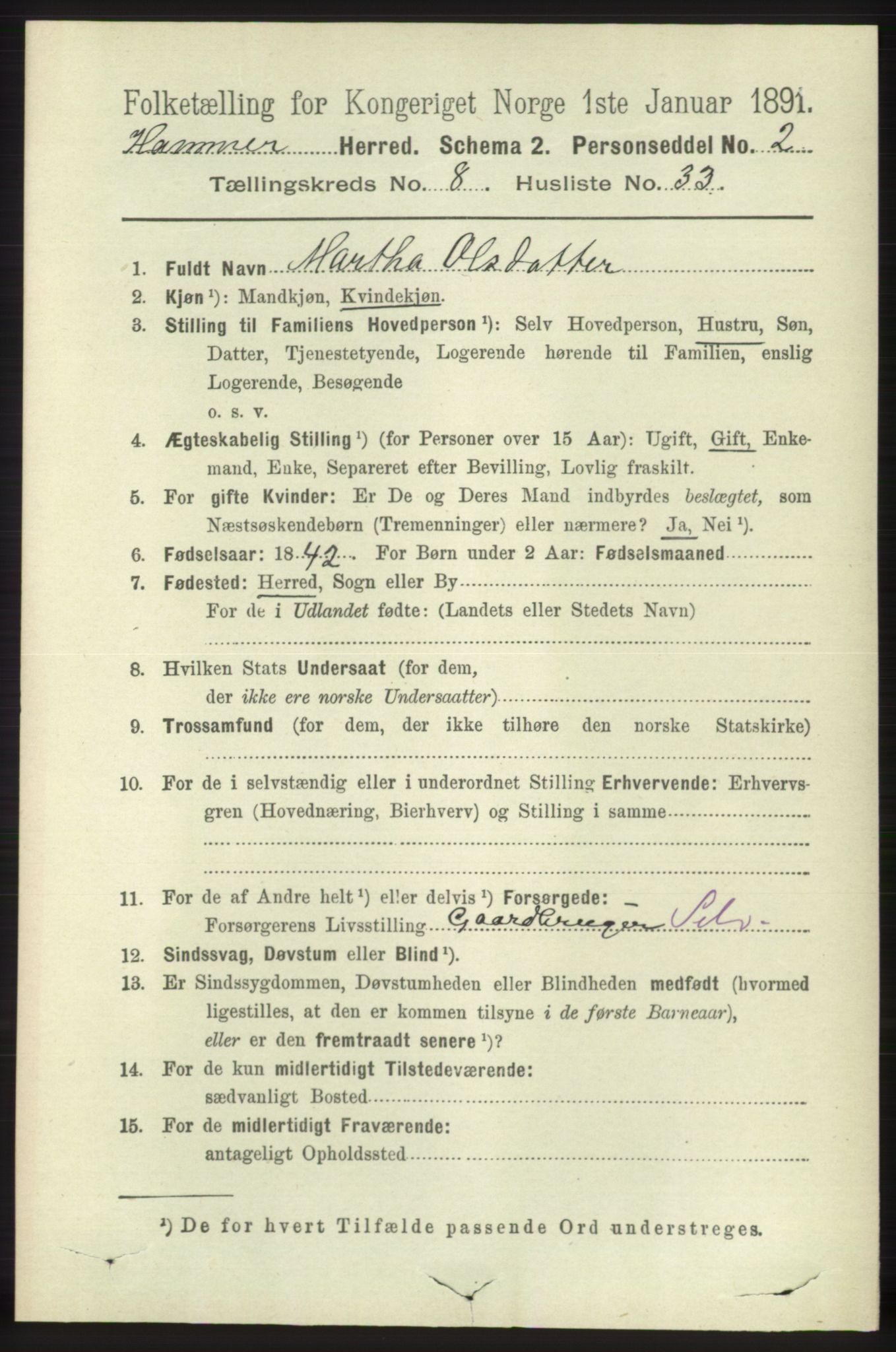 RA, 1891 census for 1254 Hamre, 1891, p. 2204