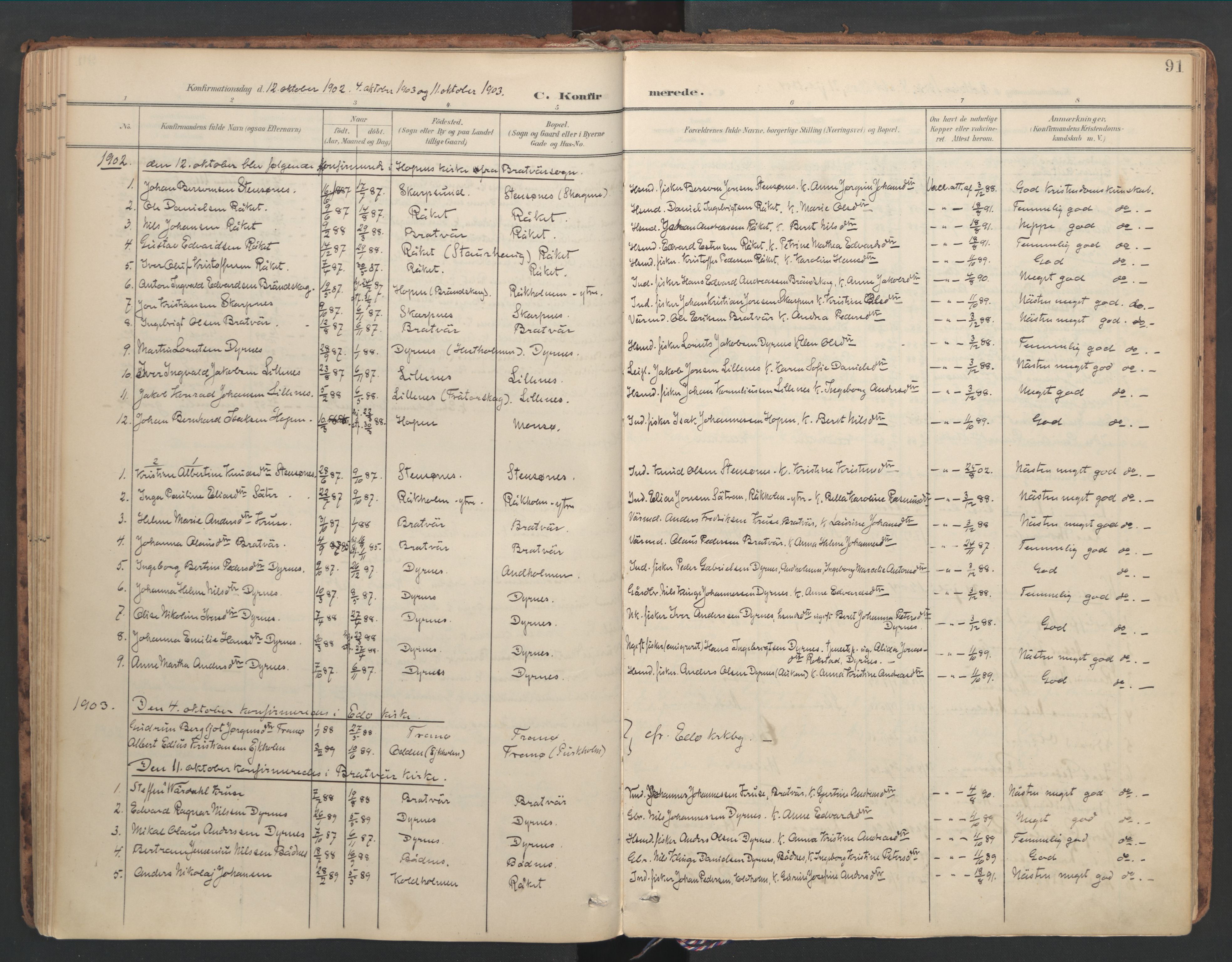 Ministerialprotokoller, klokkerbøker og fødselsregistre - Møre og Romsdal, AV/SAT-A-1454/582/L0948: Parish register (official) no. 582A02, 1901-1922, p. 91