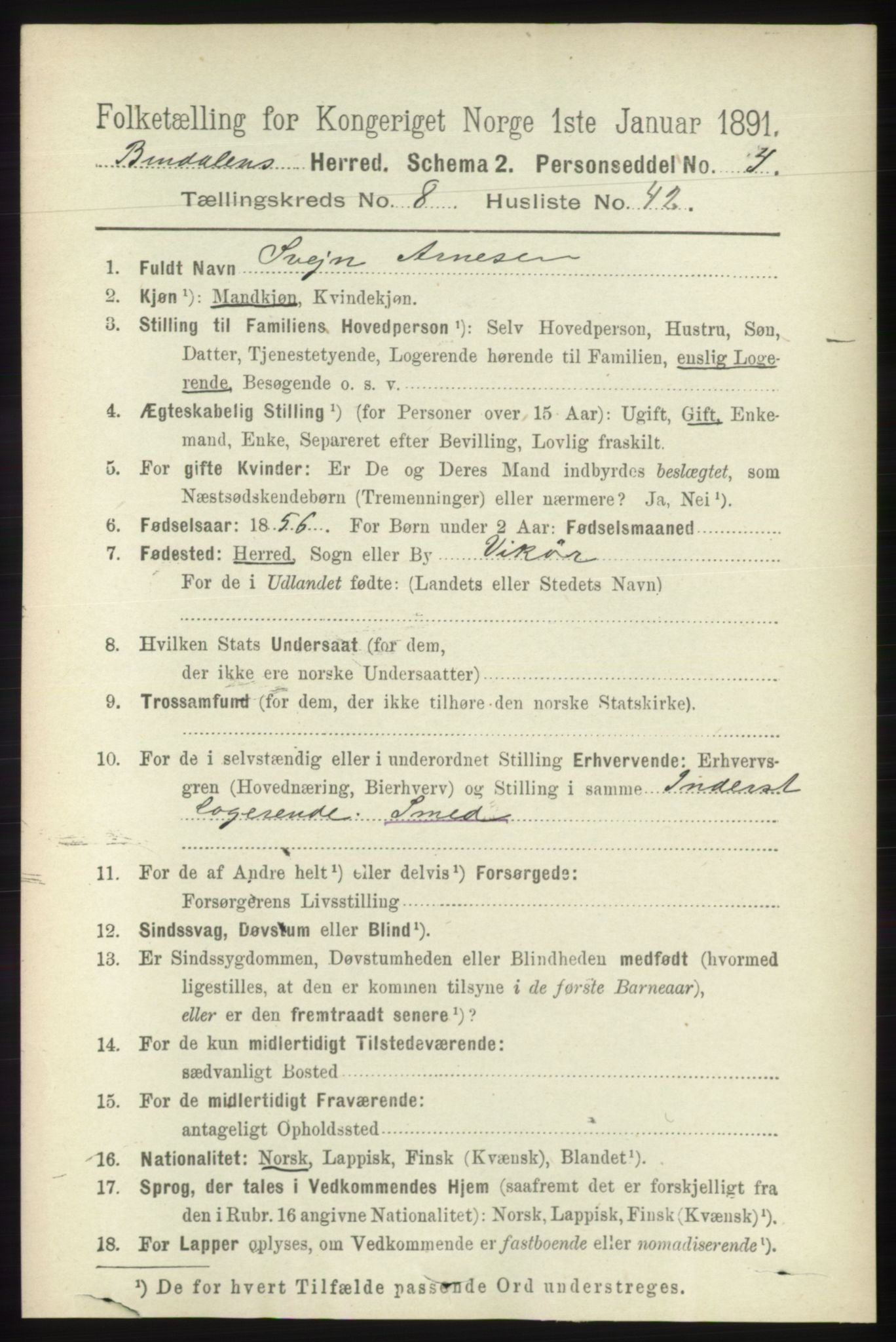 RA, 1891 census for 1811 Bindal, 1891, p. 2891