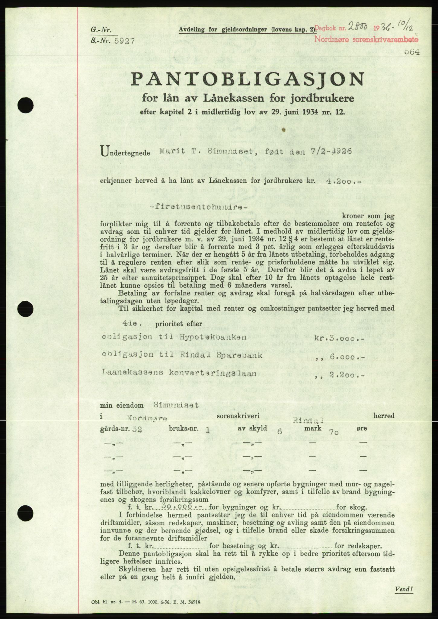 Nordmøre sorenskriveri, AV/SAT-A-4132/1/2/2Ca/L0090: Mortgage book no. B80, 1936-1937, Diary no: : 2800/1936