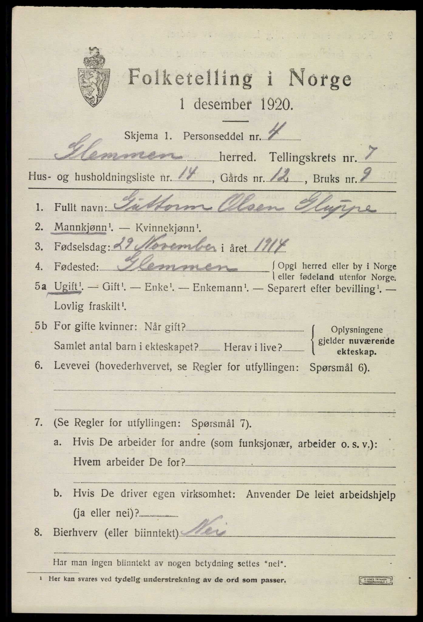 SAO, 1920 census for Glemmen, 1920, p. 23755