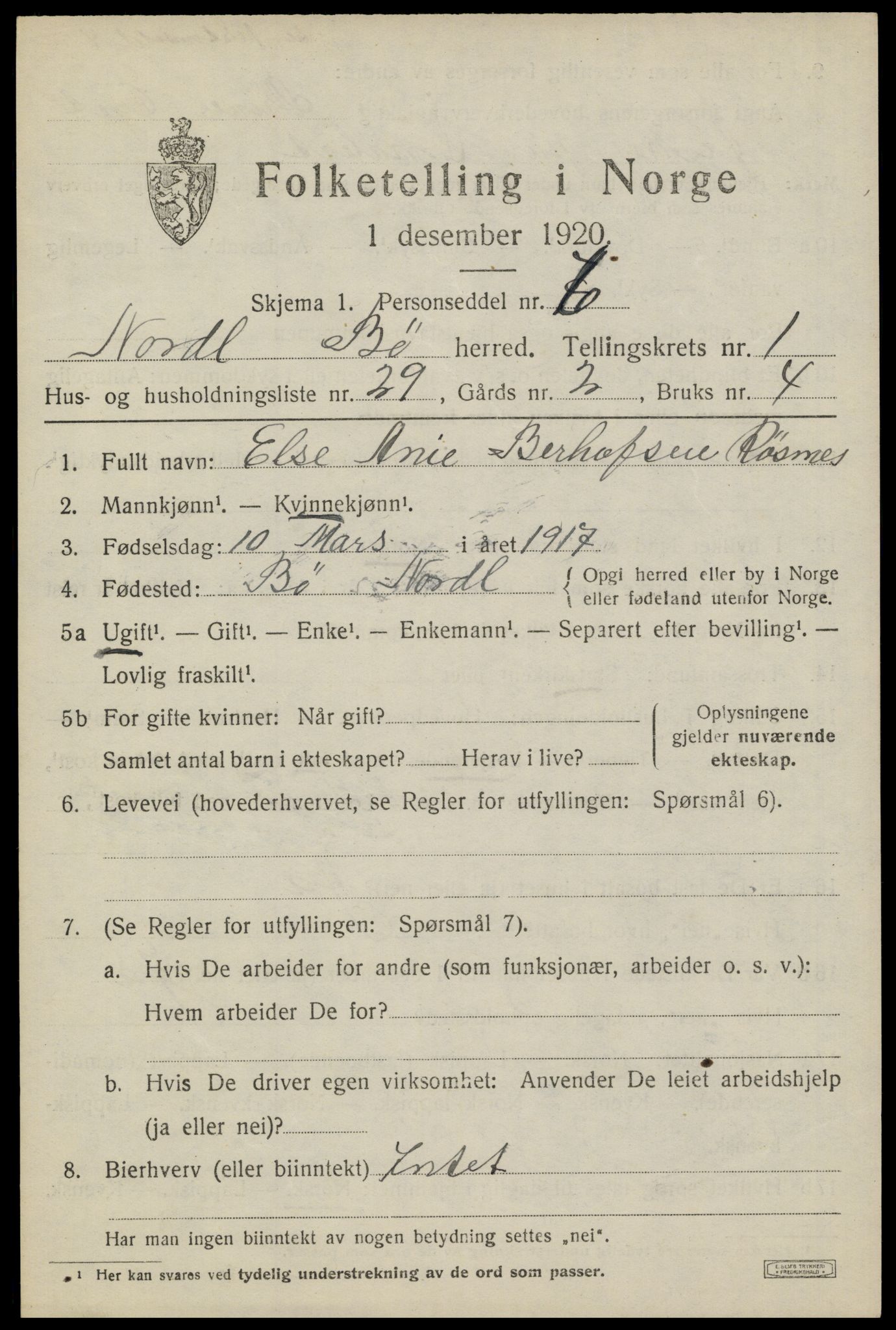 SAT, 1920 census for Bø, 1920, p. 1900