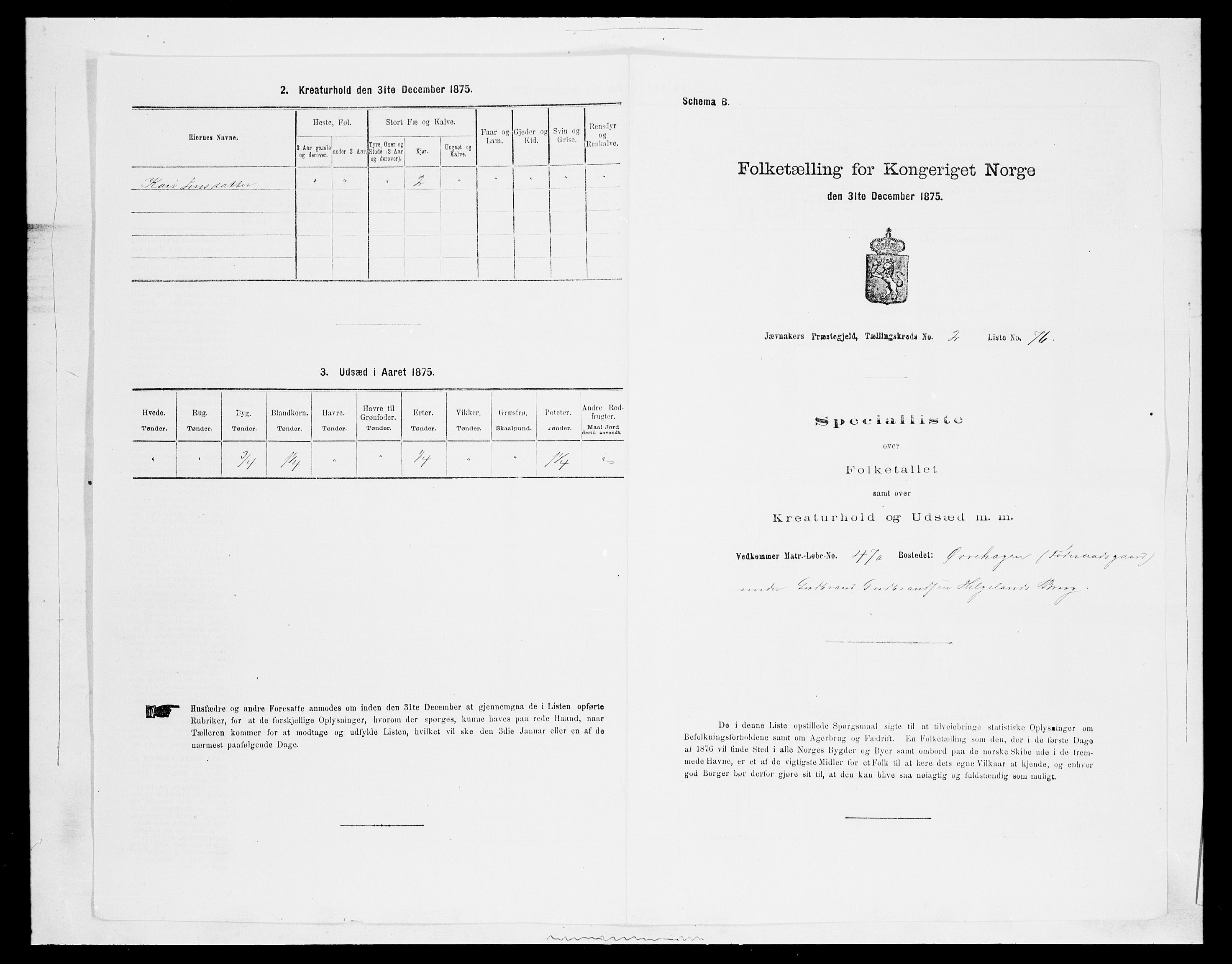 SAH, 1875 census for 0532P Jevnaker, 1875, p. 416