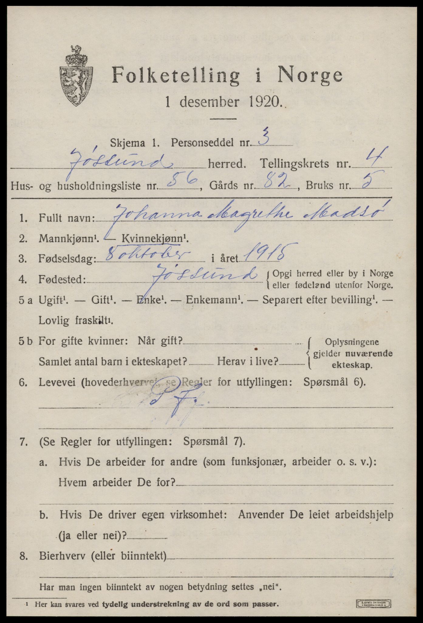 SAT, 1920 census for Jøssund, 1920, p. 3740