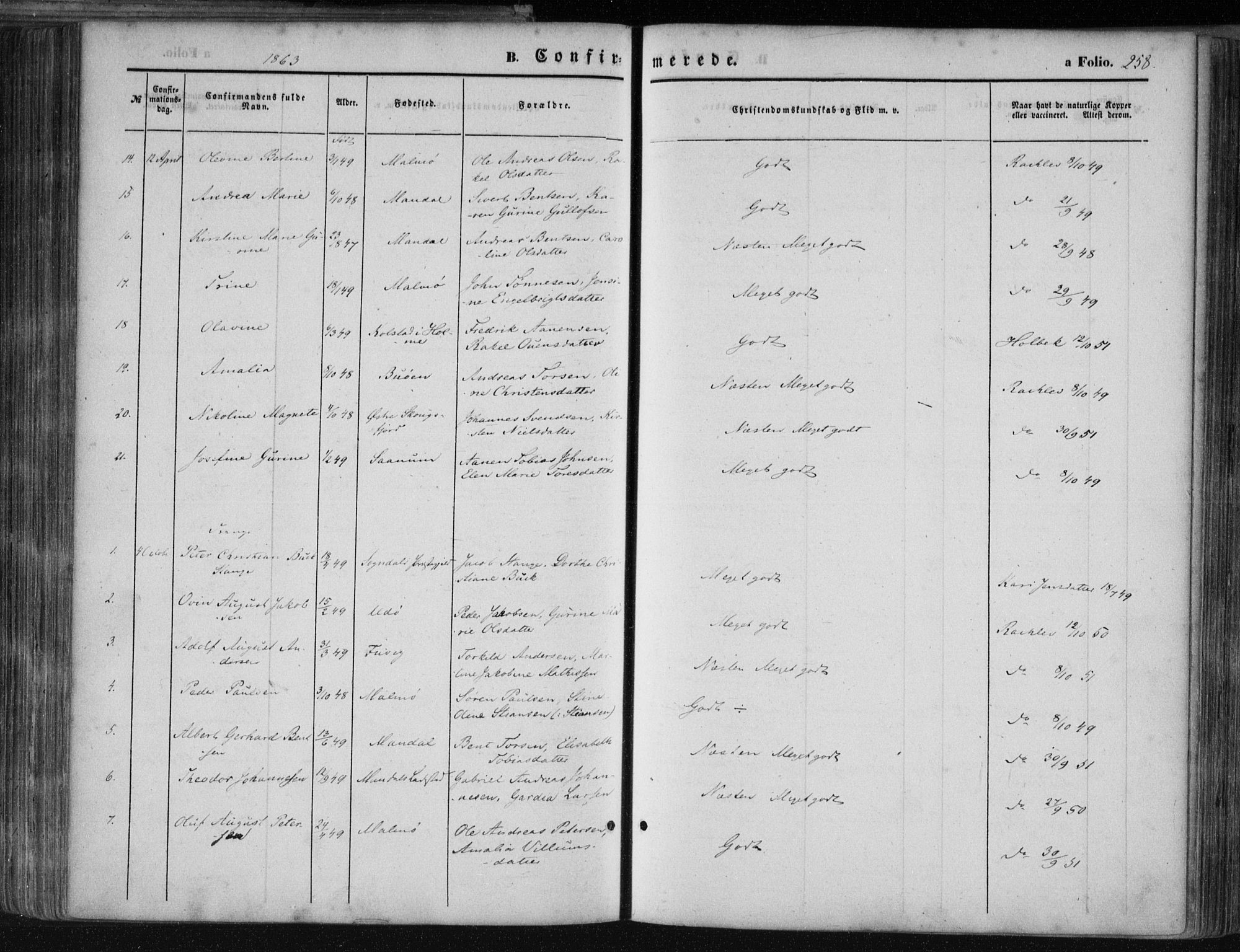 Mandal sokneprestkontor, AV/SAK-1111-0030/F/Fa/Faa/L0014: Parish register (official) no. A 14, 1859-1872, p. 258