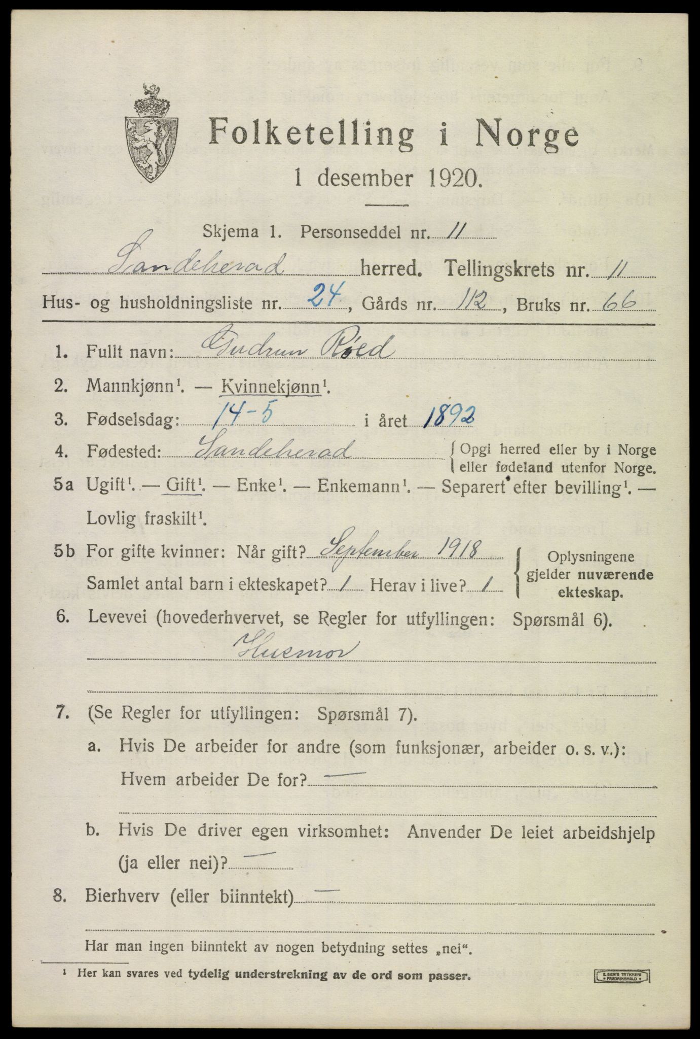 SAKO, 1920 census for Sandeherred, 1920, p. 15896