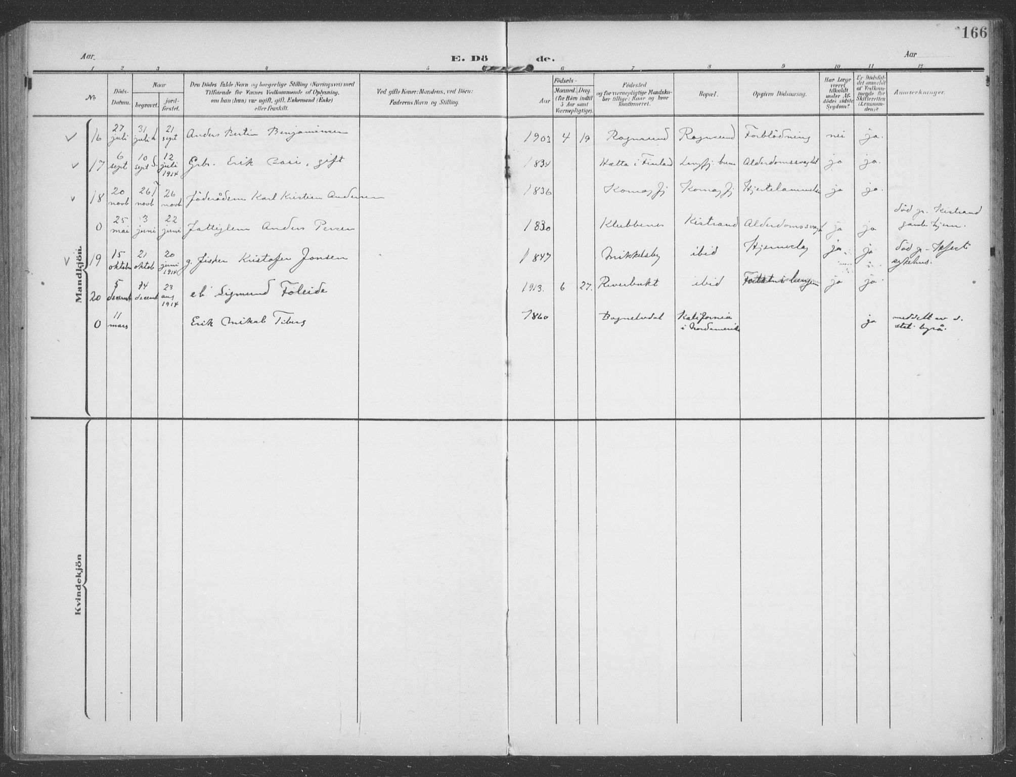 Talvik sokneprestkontor, SATØ/S-1337/H/Ha/L0017kirke: Parish register (official) no. 17, 1906-1915, p. 166