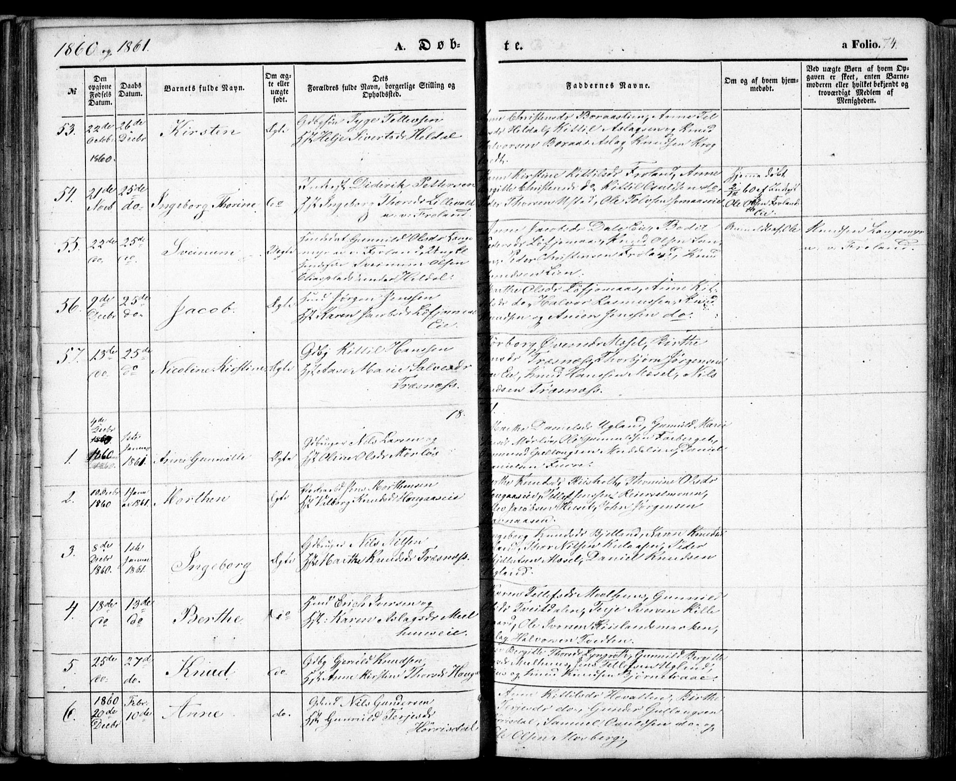 Froland sokneprestkontor, SAK/1111-0013/F/Fa/L0002: Parish register (official) no. A 2, 1845-1863, p. 74