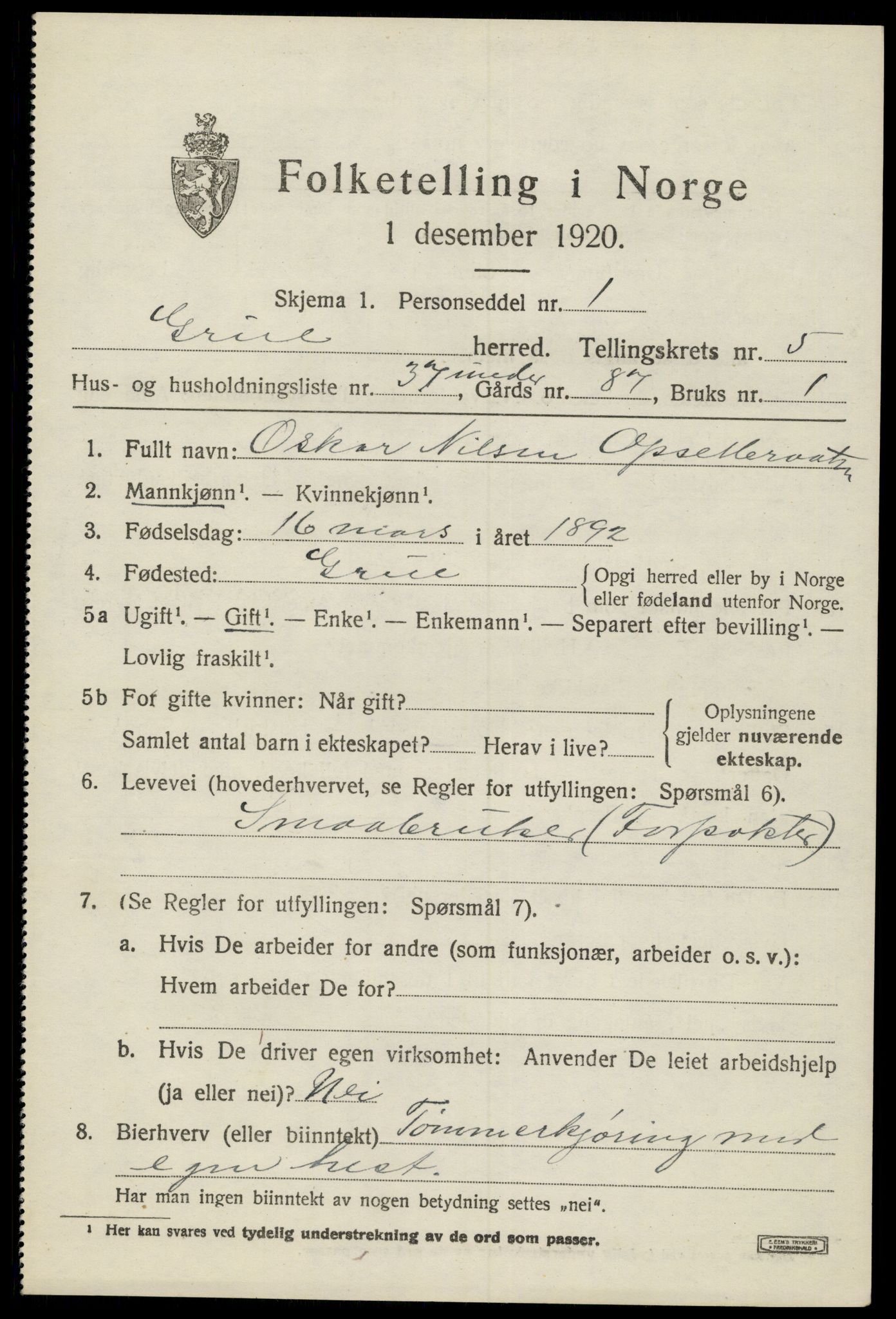 SAH, 1920 census for Grue, 1920, p. 5539