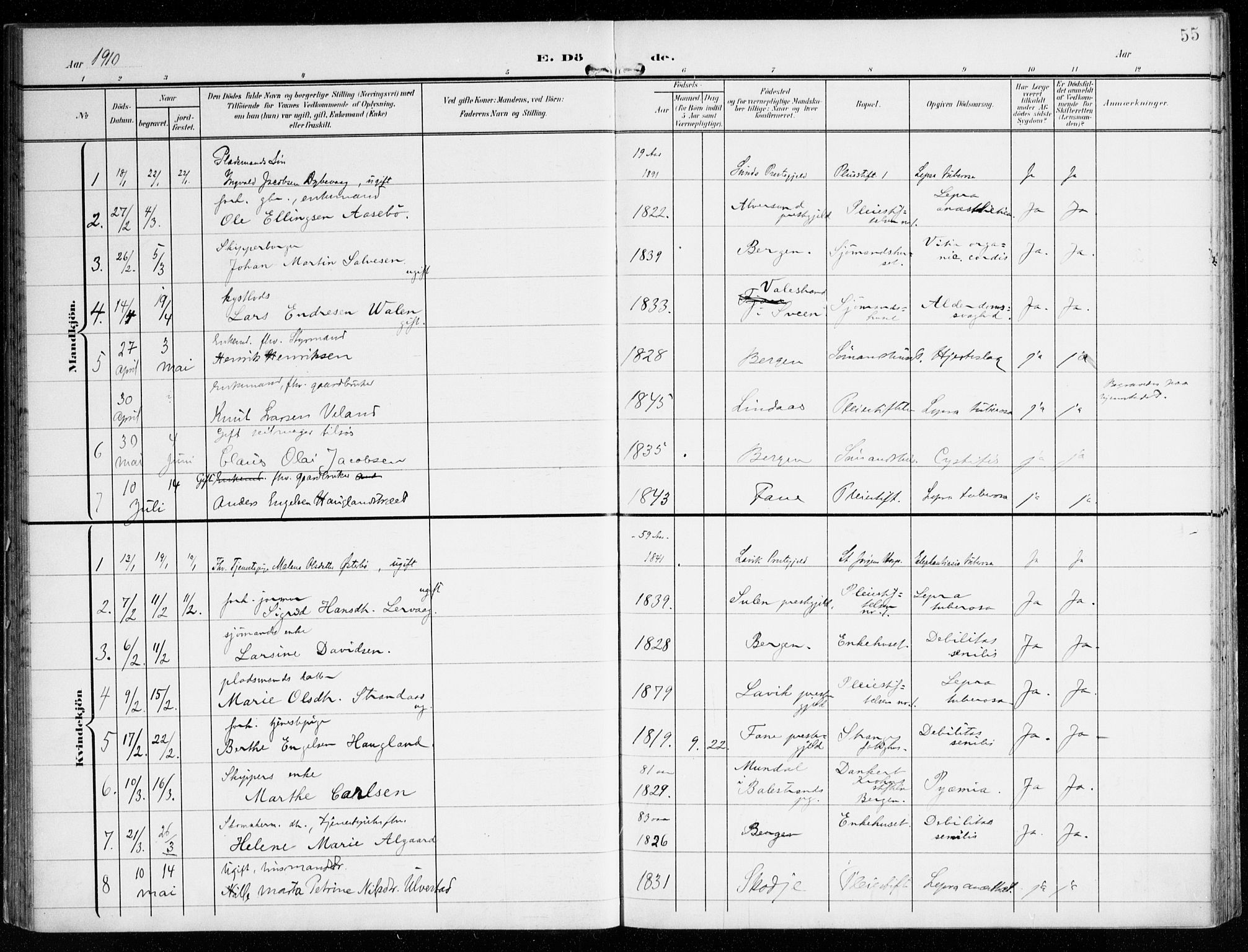 St. Jørgens hospital og Årstad sokneprestembete, AV/SAB-A-99934: Parish register (official) no. A 14, 1902-1935, p. 55