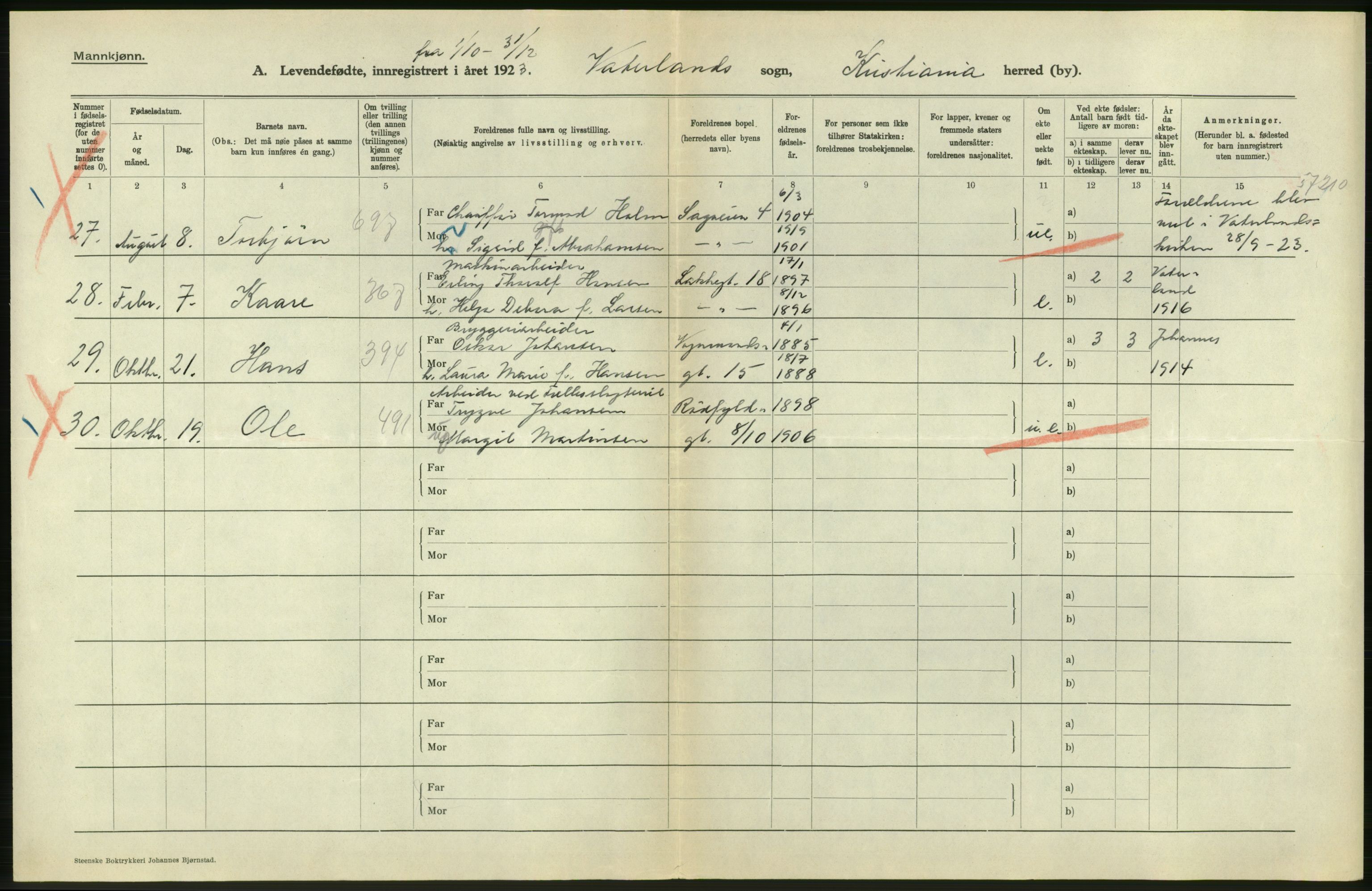 Statistisk sentralbyrå, Sosiodemografiske emner, Befolkning, RA/S-2228/D/Df/Dfc/Dfcc/L0007: Kristiania: Levendefødte menn og kvinner., 1923, p. 446