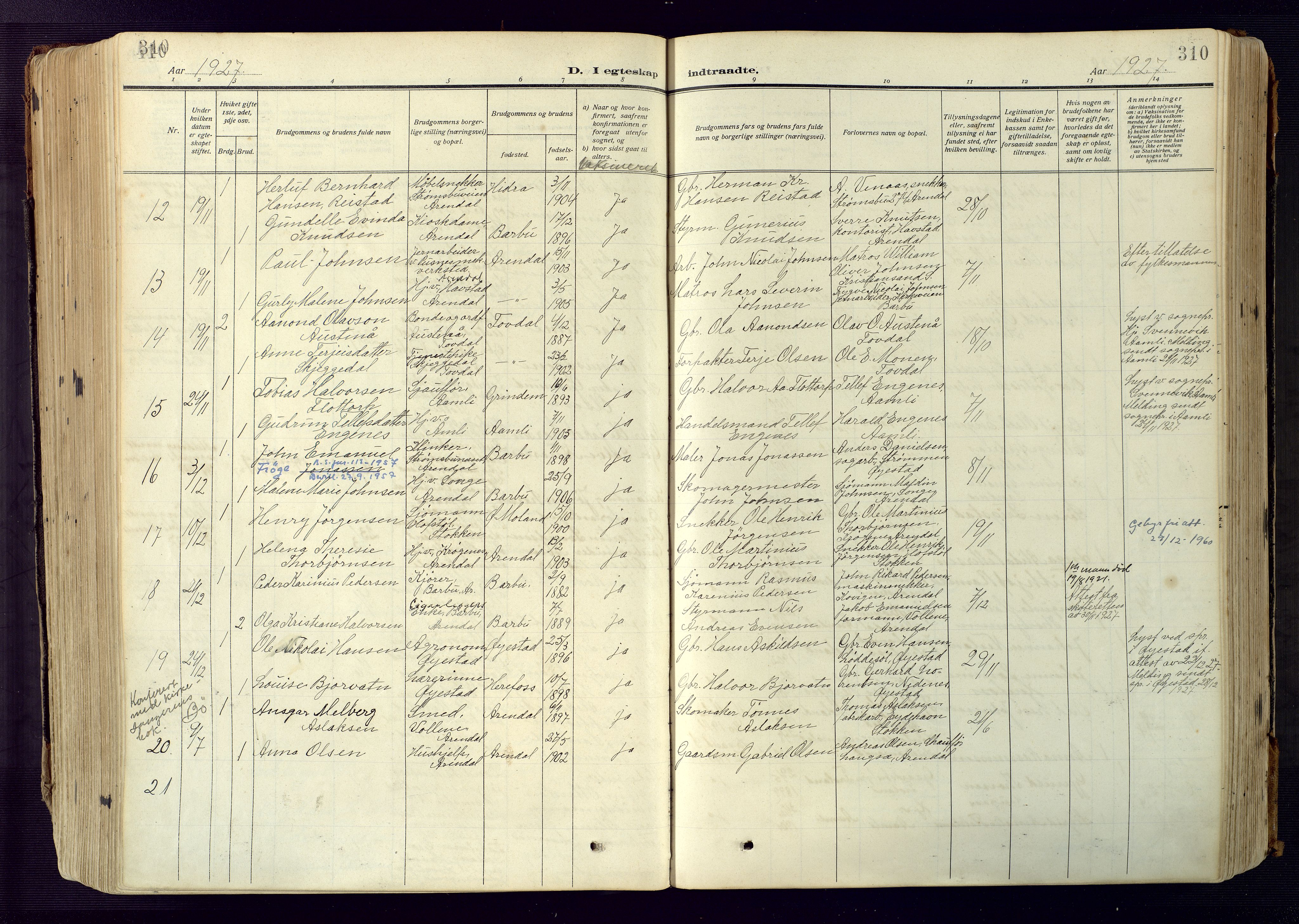 Barbu sokneprestkontor, AV/SAK-1111-0003/F/Fa/L0006: Parish register (official) no. A 6, 1910-1929, p. 310