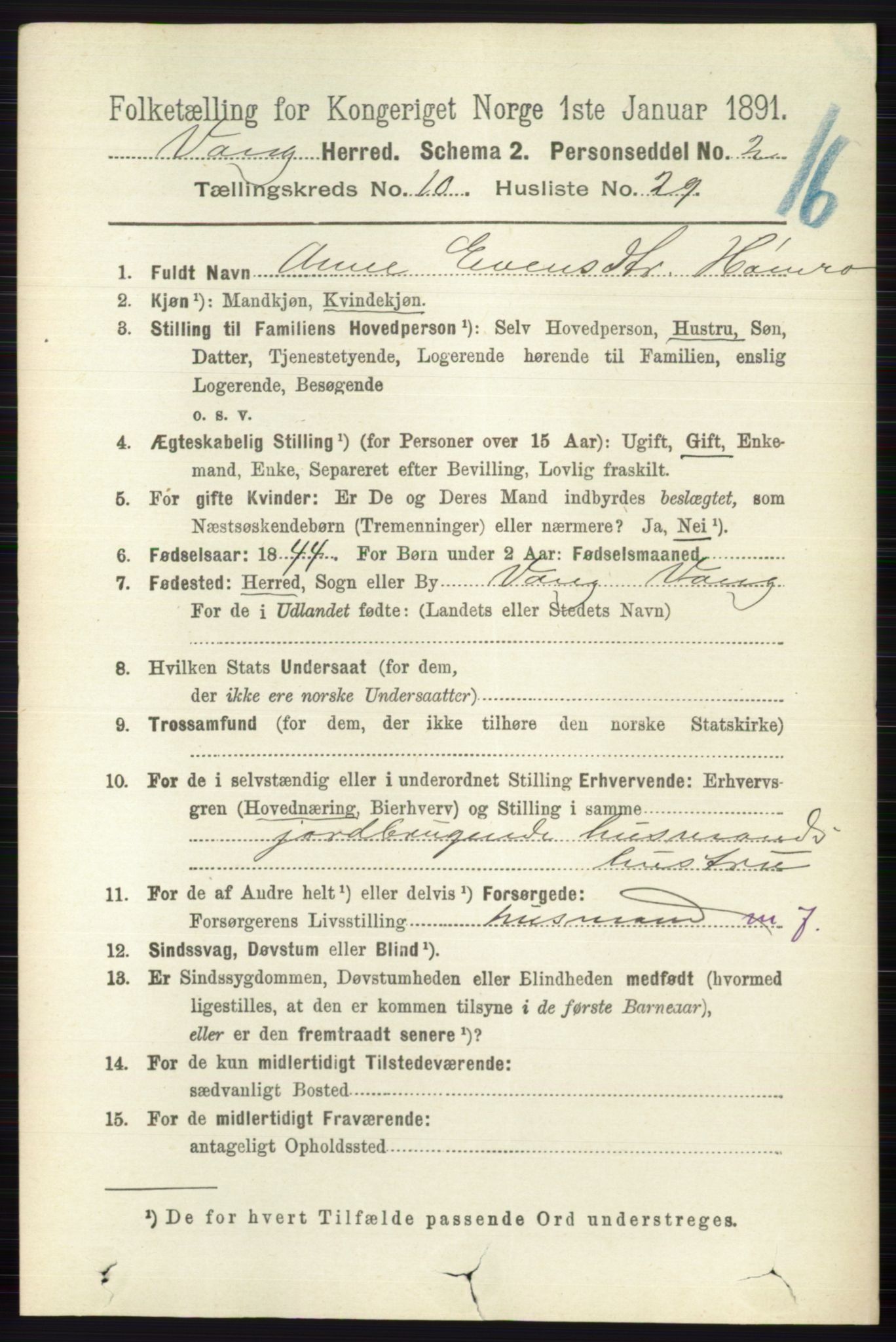 RA, 1891 census for 0545 Vang, 1891, p. 2349