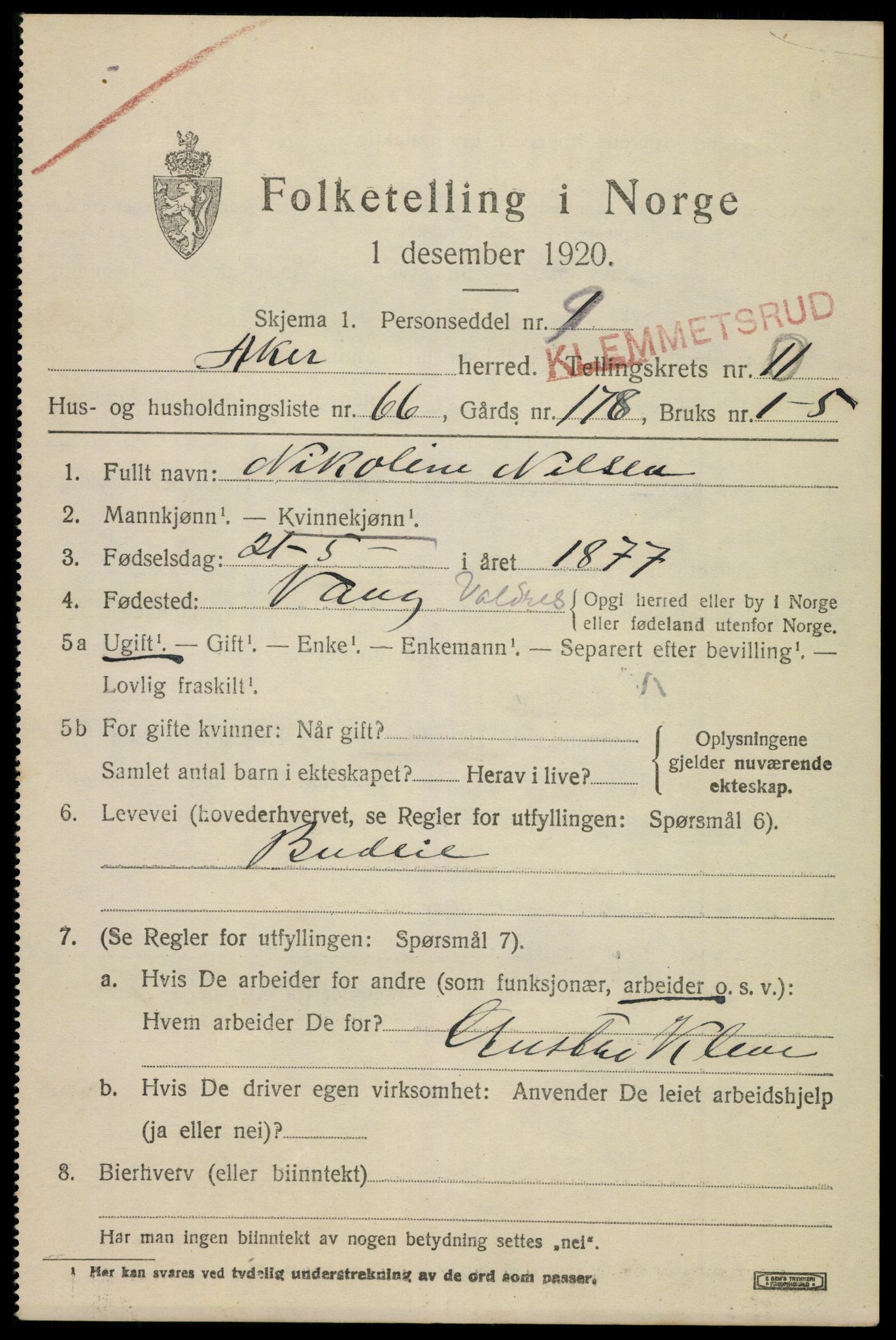 SAO, 1920 census for Aker, 1920, p. 71952