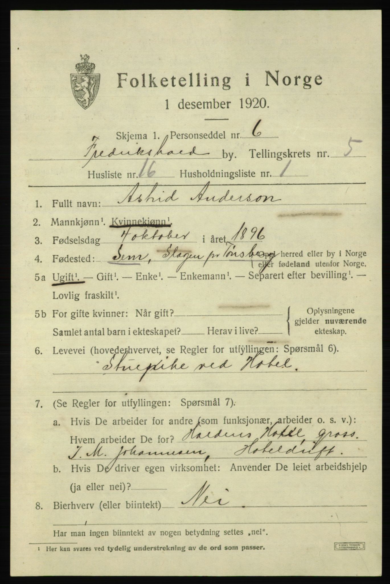 SAO, 1920 census for Fredrikshald, 1920, p. 12331