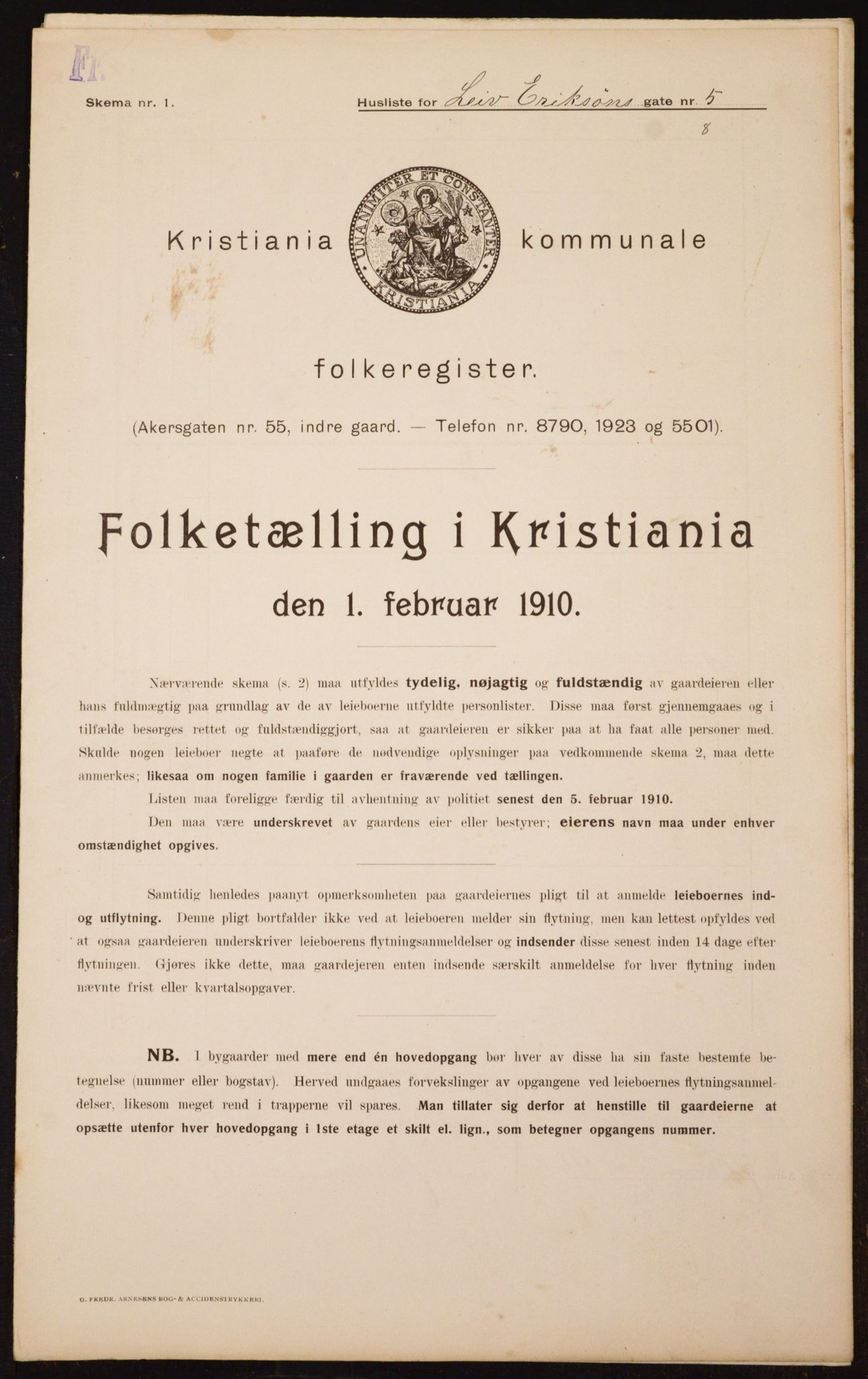 OBA, Municipal Census 1910 for Kristiania, 1910, p. 55485