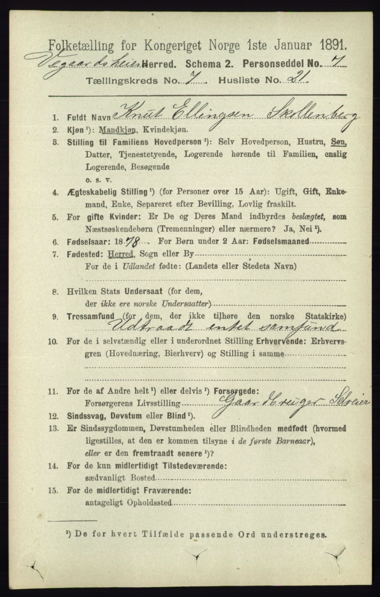 RA, 1891 census for 0912 Vegårshei, 1891, p. 1483