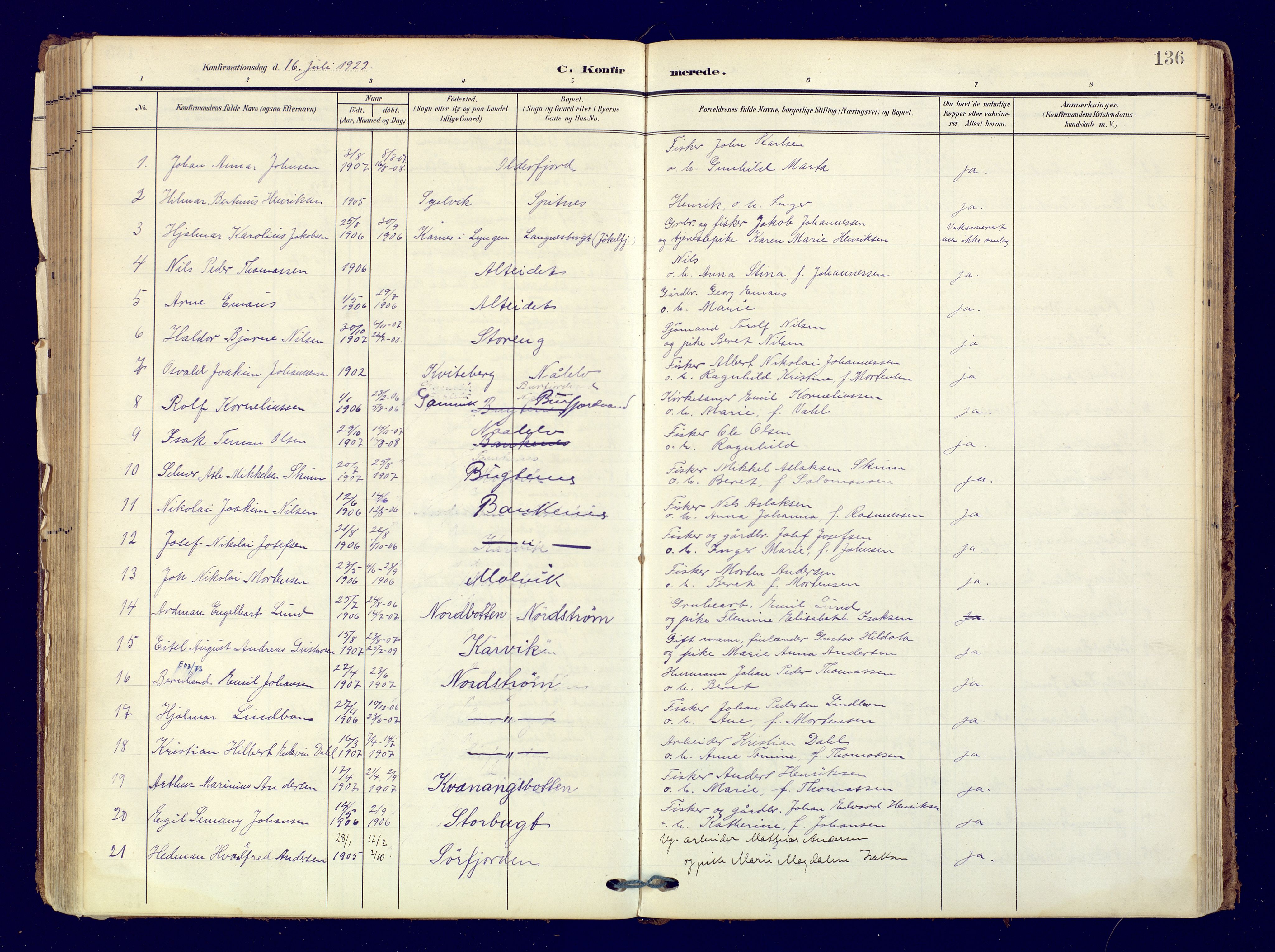 Skjervøy sokneprestkontor, SATØ/S-1300/H/Ha/Haa: Parish register (official) no. 19, 1908-1936, p. 136