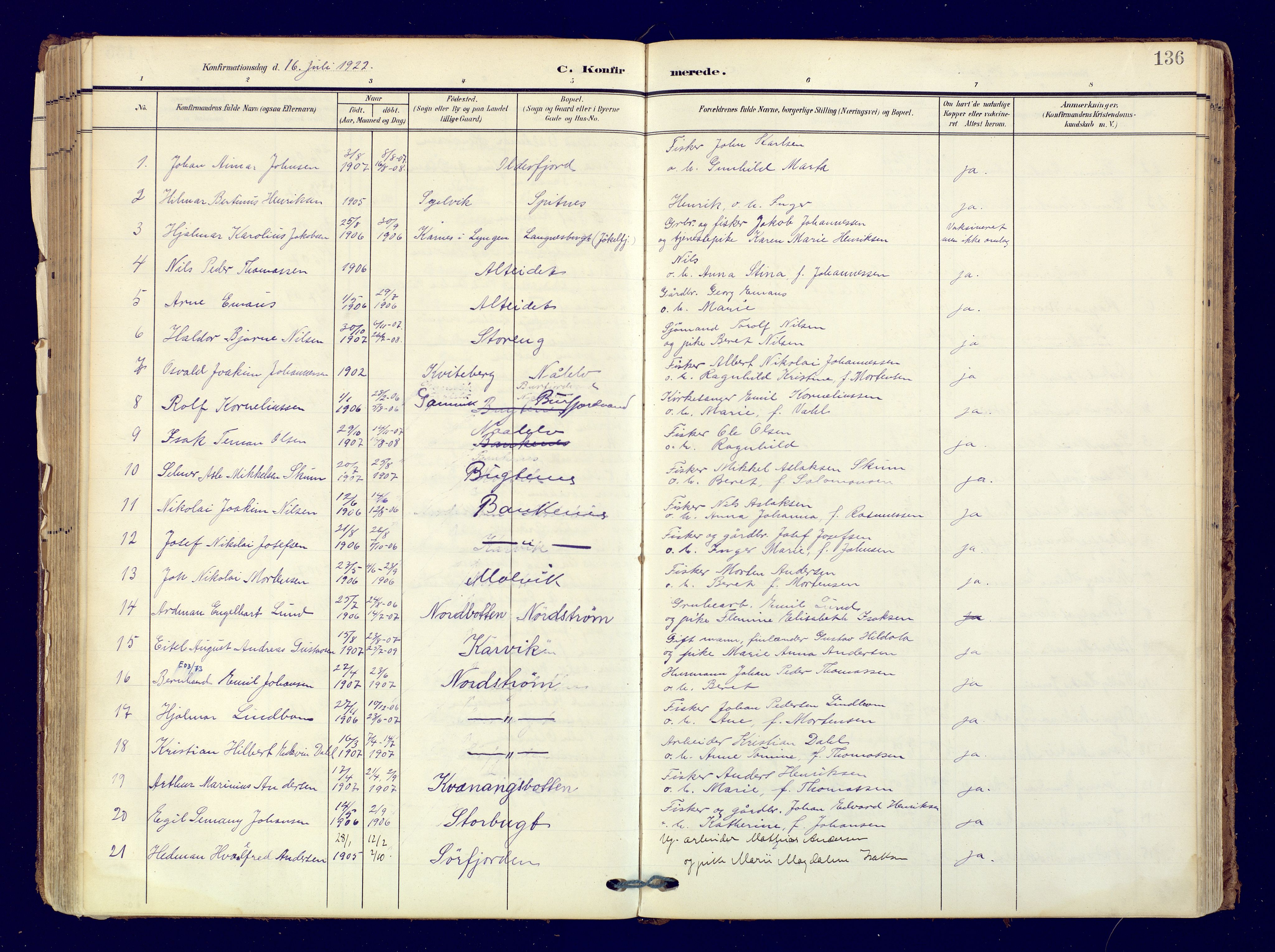 Skjervøy sokneprestkontor, AV/SATØ-S-1300/H/Ha/Haa: Parish register (official) no. 19, 1908-1936, p. 136