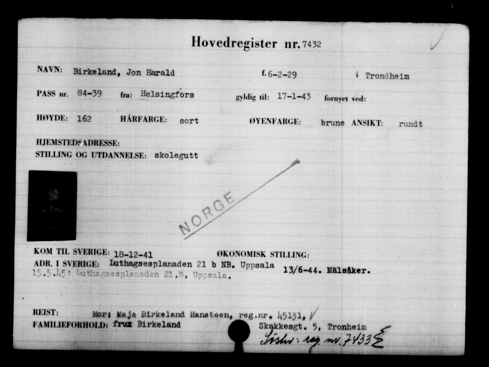 Utenriksstasjonene, Legasjonen i Stockholm, Flyktningkontoret, AV/RA-S-6753/V/Va/L0005: Kjesäterkartoteket, flyktninger med registreringsnr. 6600-9417, 1940-1945, p. 974