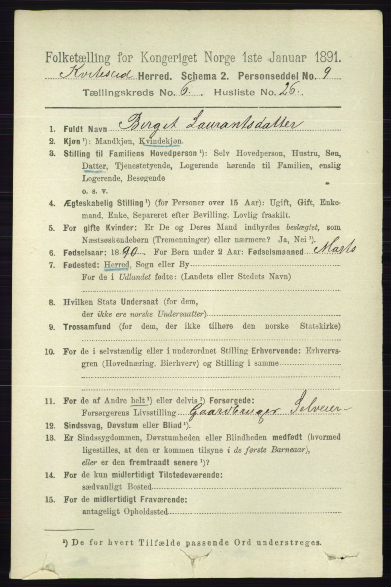 RA, 1891 census for 0829 Kviteseid, 1891, p. 1327